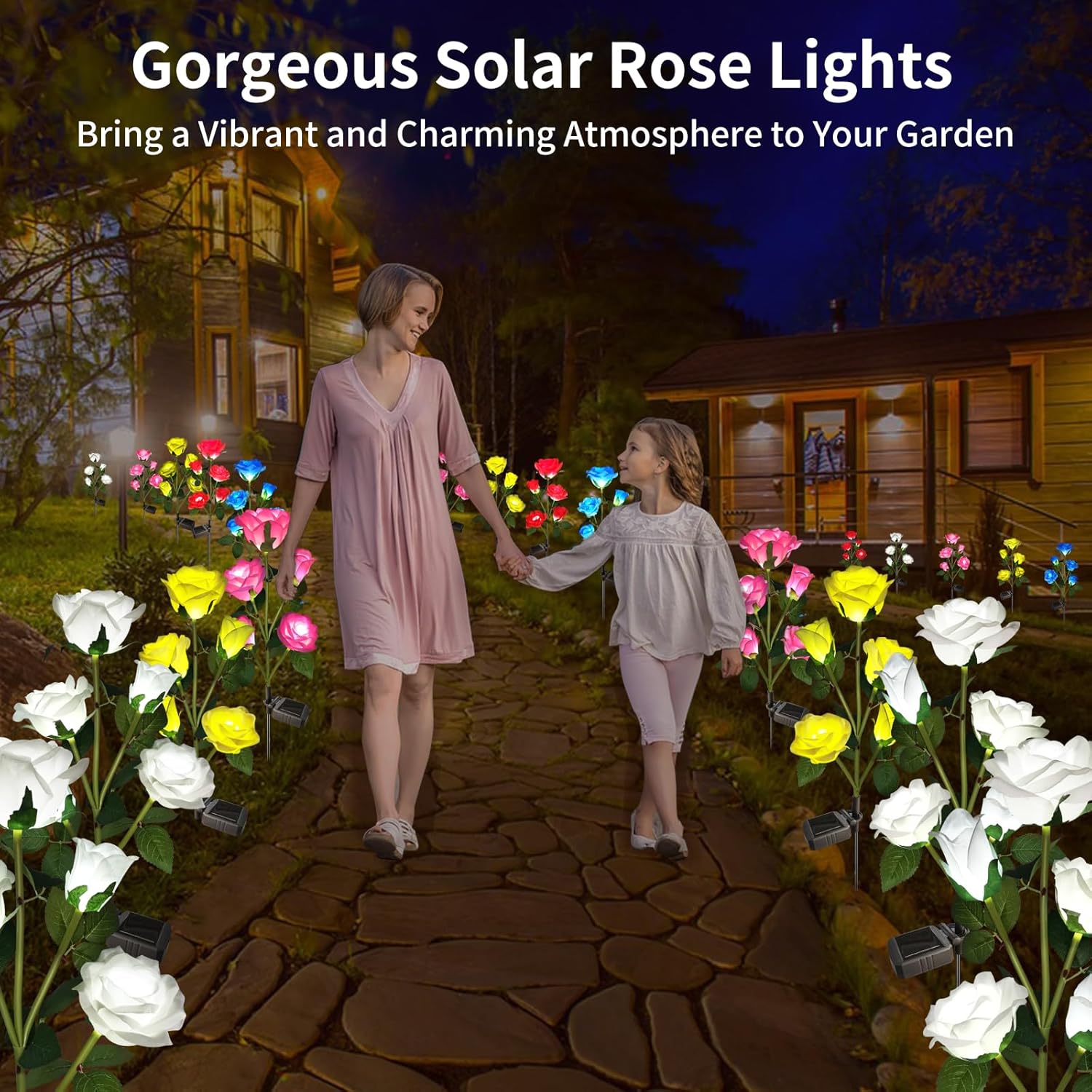 Solar Garden Lights, Solar Outdoor Lights with More Realistic 10 Rose Waterproof Solar Powered Flowers for Outside Patio Yard Pathway Decorations, 2 Pack White