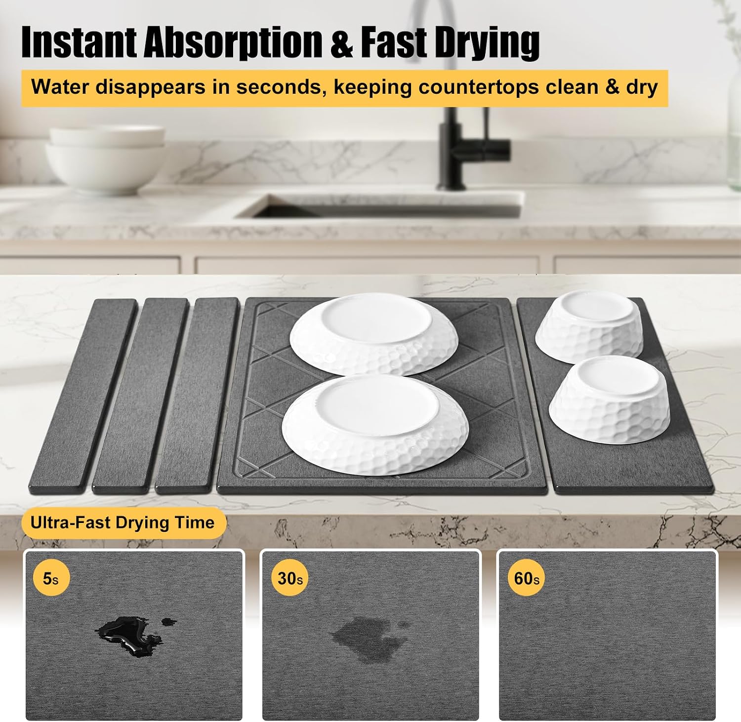 KitchenRaku 3-in-1 Large Stone Dish Drying Mat for Kitchen Counter | Foldable Diatomaceous Earth Quick Dry Mat | Collapsible No Smell | Countertop Bottles Utensils (Dark Gray Plaid Grid, 24"L x 16"W)
