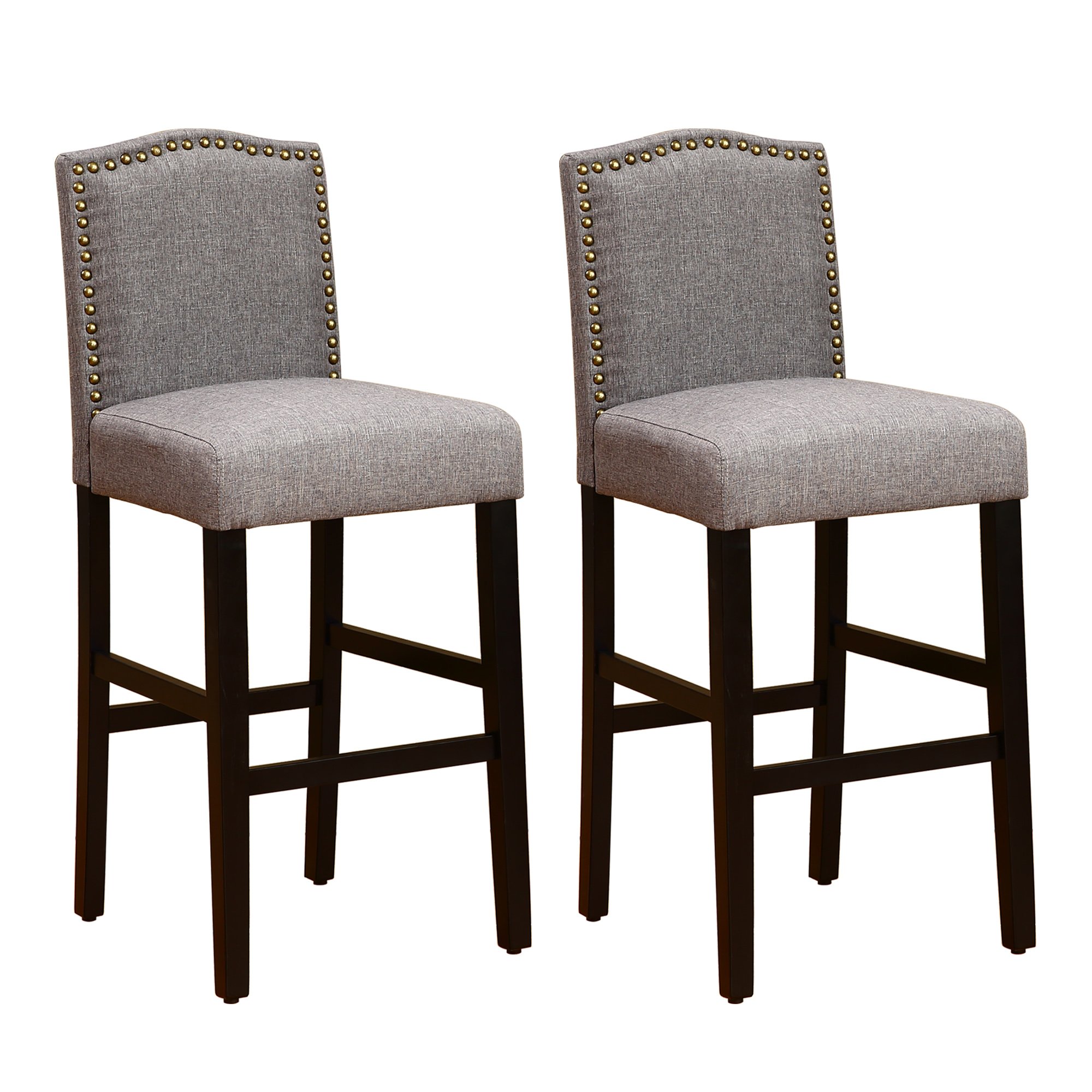 NOBPEINT Nail Head Studded Fabric Backed Barstools 29 inch Set of 2 NOB7023, Gray