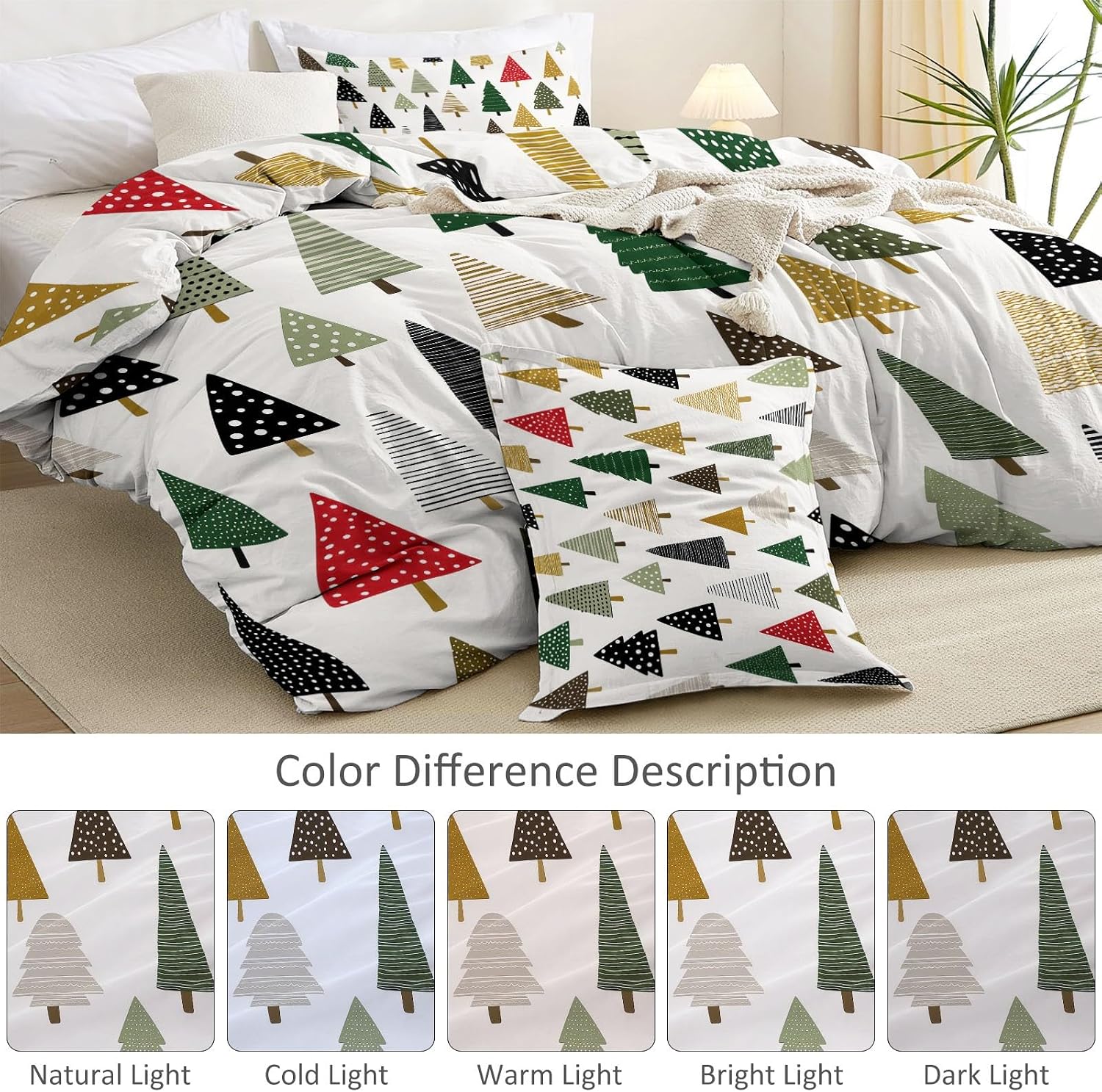 Reversible Duvet Cover Set Cartoon Geometric Triangle Tree Print Soft & Breathable White Microfiber Comforter Cover Set for Kids Teens Room Decor, Twin Size Bedding Set with Zipper Closure & Ties