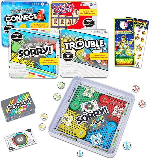 Hasbro Gaming Magnetic Game Travel Set for Kids - Bundle with 4 Travel Games in Tin Featuring Connect 4, Sorry, Trouble, Guess Who Plus Stickers | Travel Games for Kids 8-12