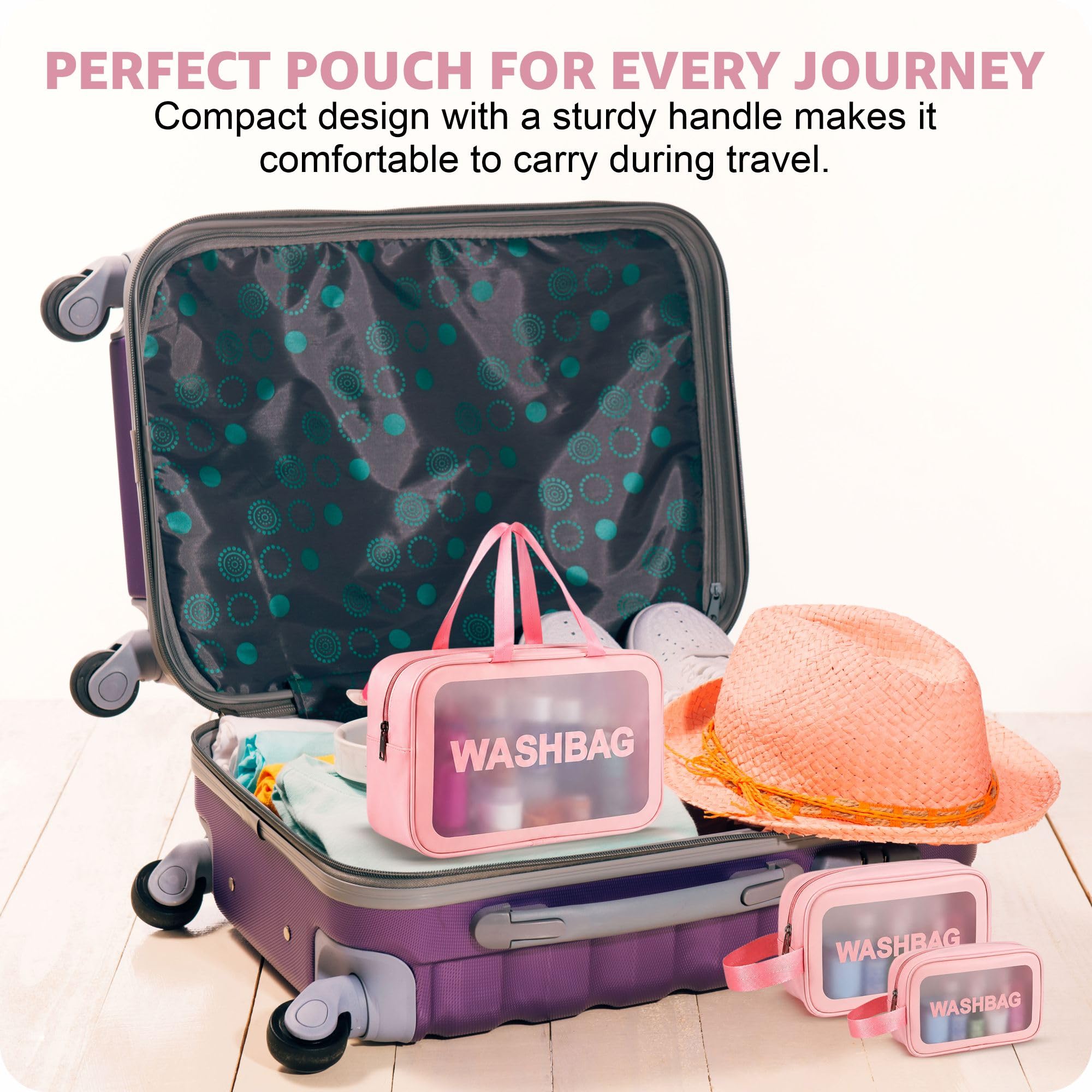 FLYNGO Set di trousse trasparenti per trucchi, organizer per cosmetici per donne e ragazze, kit da viaggio impermeabile per articoli da toeletta, Set di 3 LIght Rosa, Accessori da viaggio
