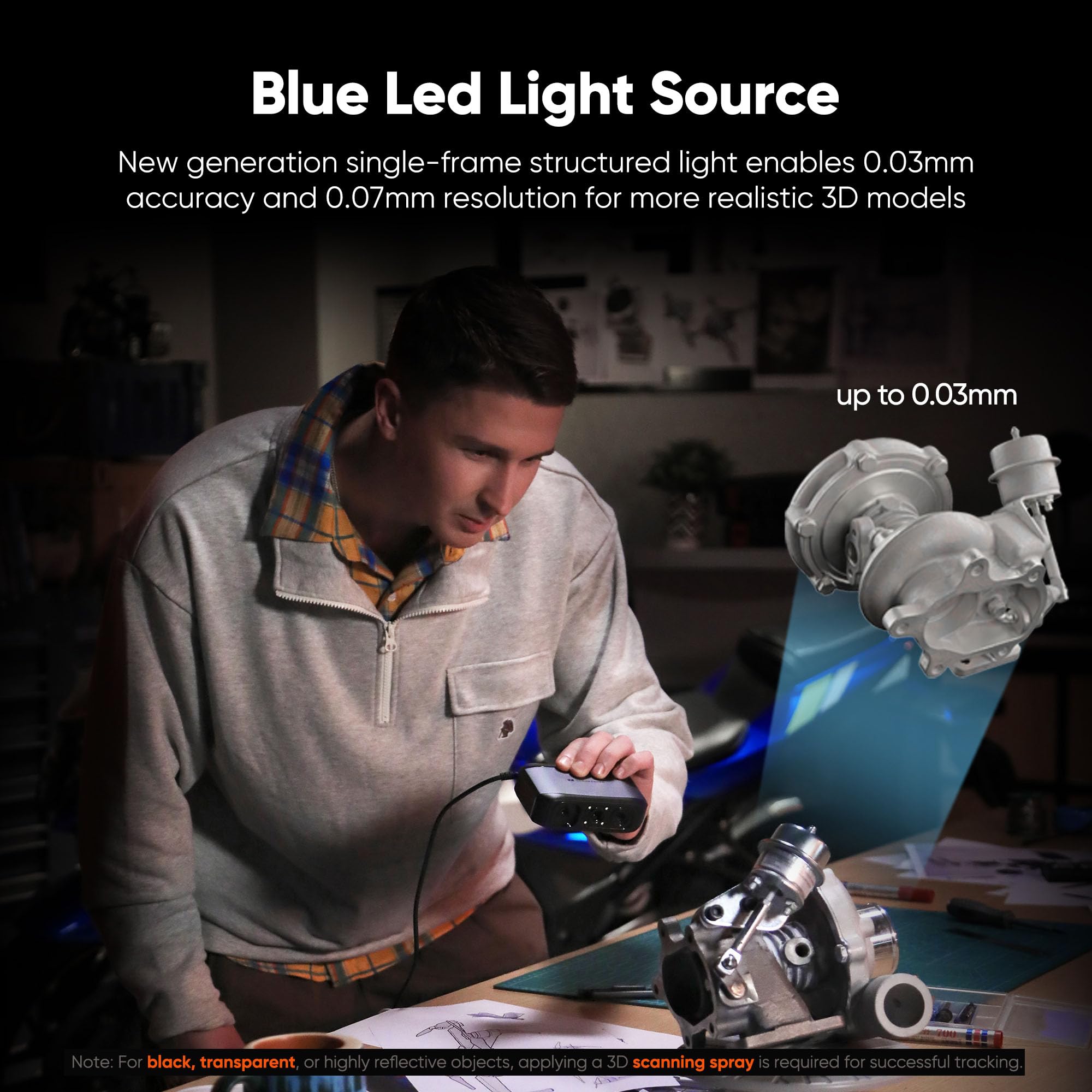 3DMakerpro Scanner 3D élan - Scanners 3D de format moyen pour impression - Source de lumière LED bleue - Précision jusqu'à 0,03 mm - Numérisation couleur 24 bits