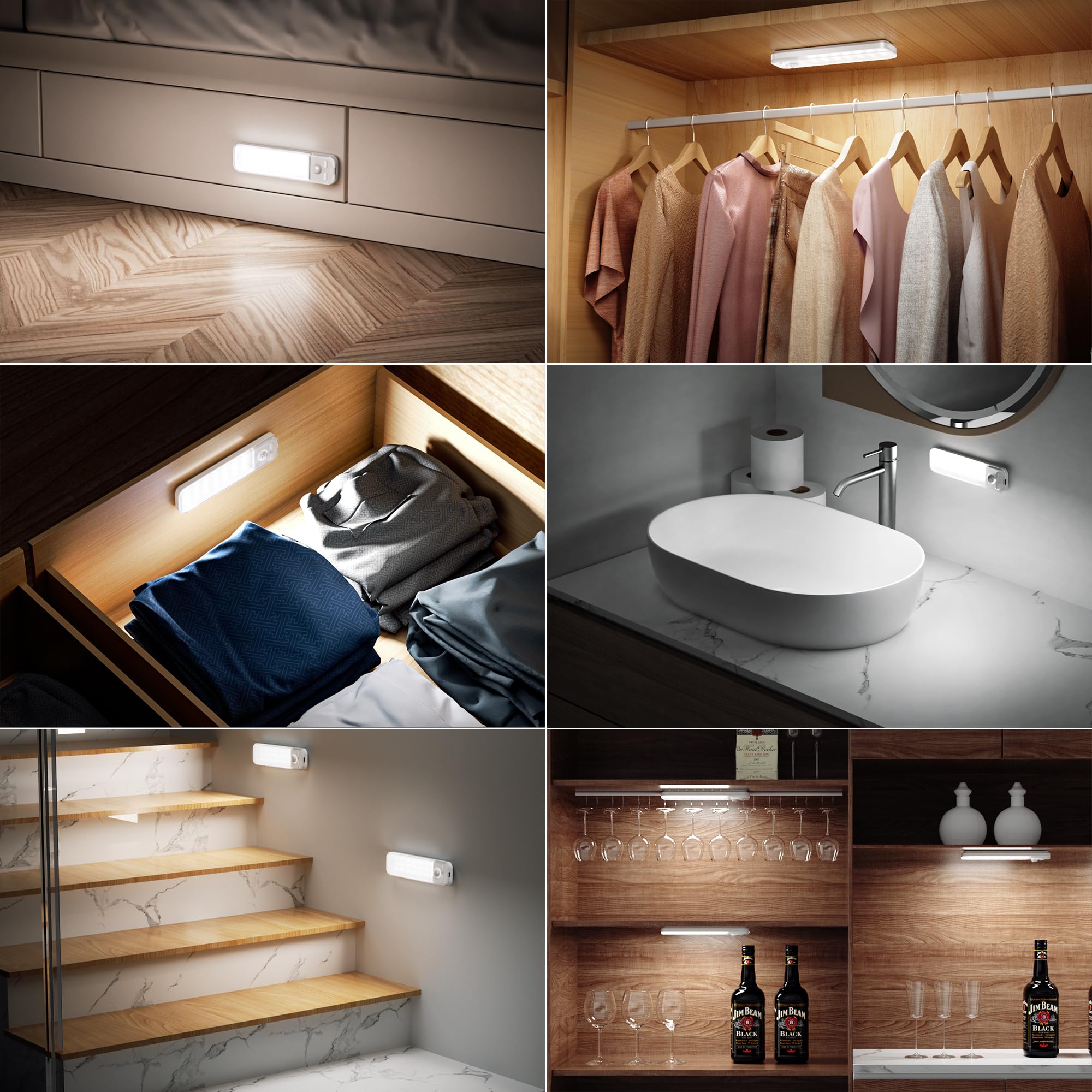 Luz de Armario, 3 Piezas 15CM Luz Nocturna con Sensor Movimiento, 6500K USB Recargable LED Armario para Gabinete, Cocina, Escalera, Pasillo, Sótano, Garaje - Blanco Frio