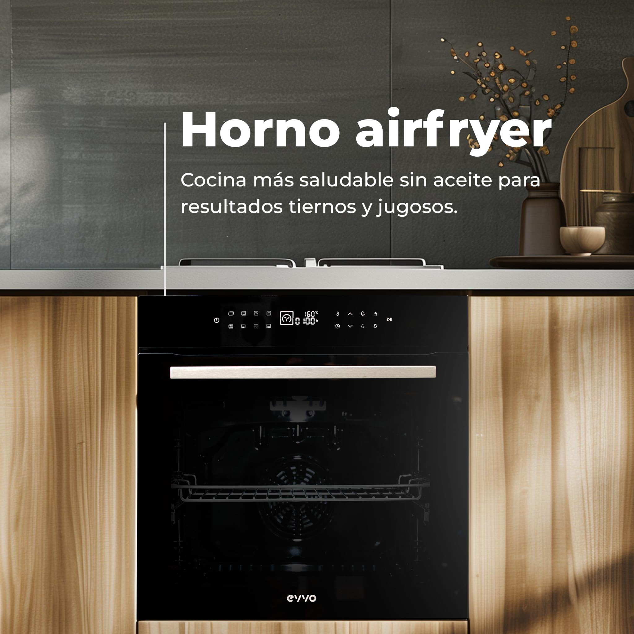 EVVO Horno Eléctrico Empotrable - Eficiencia A+, 81 L de Capacidad, Función Airfryer, 14 Programas, Temporizador, Display Digital, Control Táctil, Guía telescópica, Modelo: H26 (Negro)