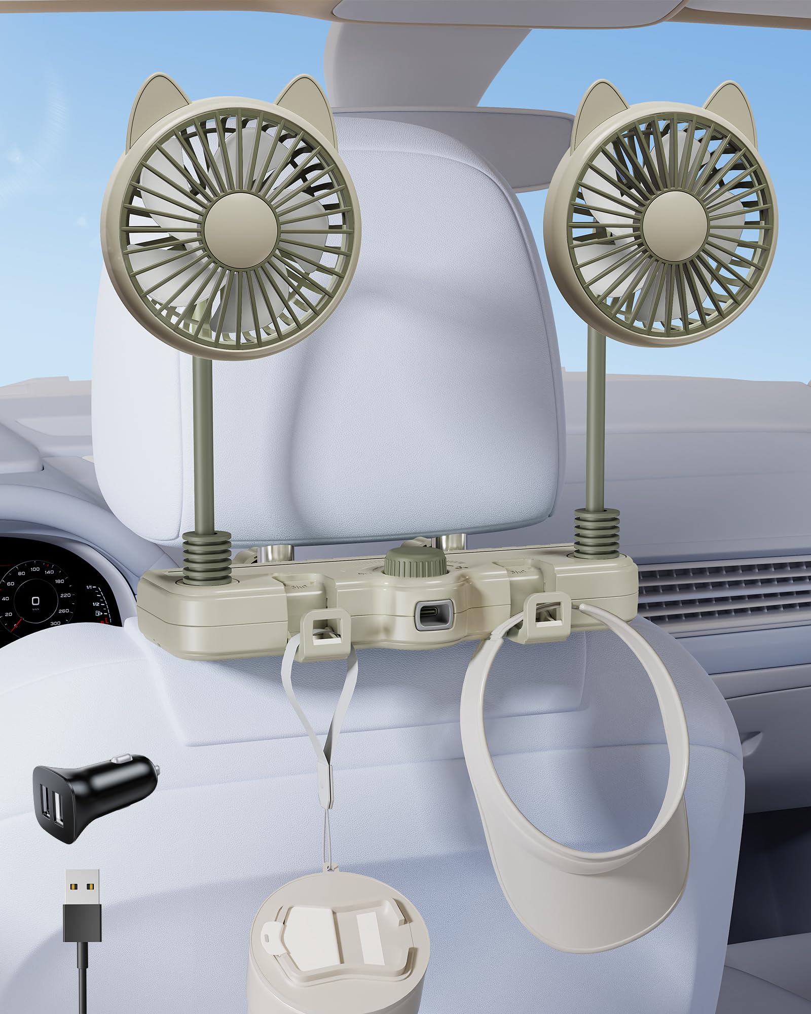 xuenair Battery Powered Fan for Car Back Seat Dual 360 Hose Arm, 2026 Cute Car Fan for Backseat Kids Baby Rear Facing 5000RPM Quiet Powerful Wind, Car Headrest Fan for SUV RV Pickup with 2 Hiden Hook