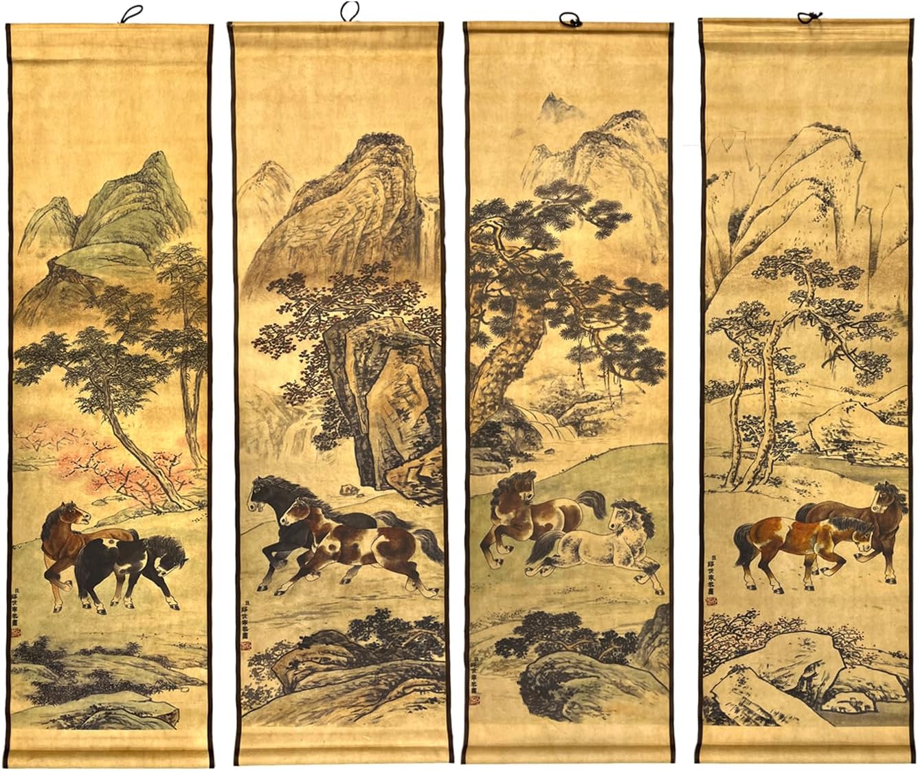 CIFIBIFUN 4 Panels Italian Walls Art Ancient Painting Reproduction Animal Horses Poster Scroll,for Home Walls Decor Living Room Bedroom Hanging Gift for Asia Friend