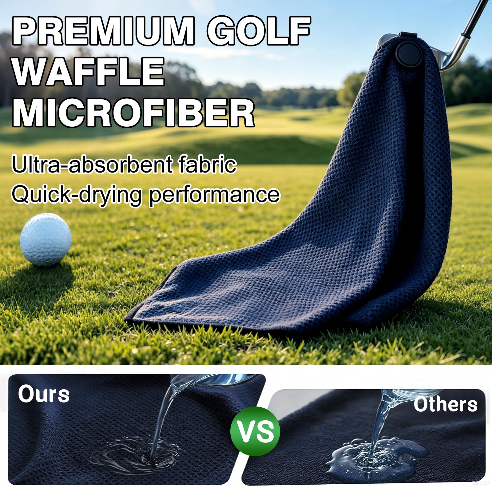 Lot de 3 serviettes de golf magnétiques – Très grande taille en microfibre gaufrée avec clip – Serviette de club de golf ultra absorbante avec aimant puissant pour une tenue solide pour sacs de golf
