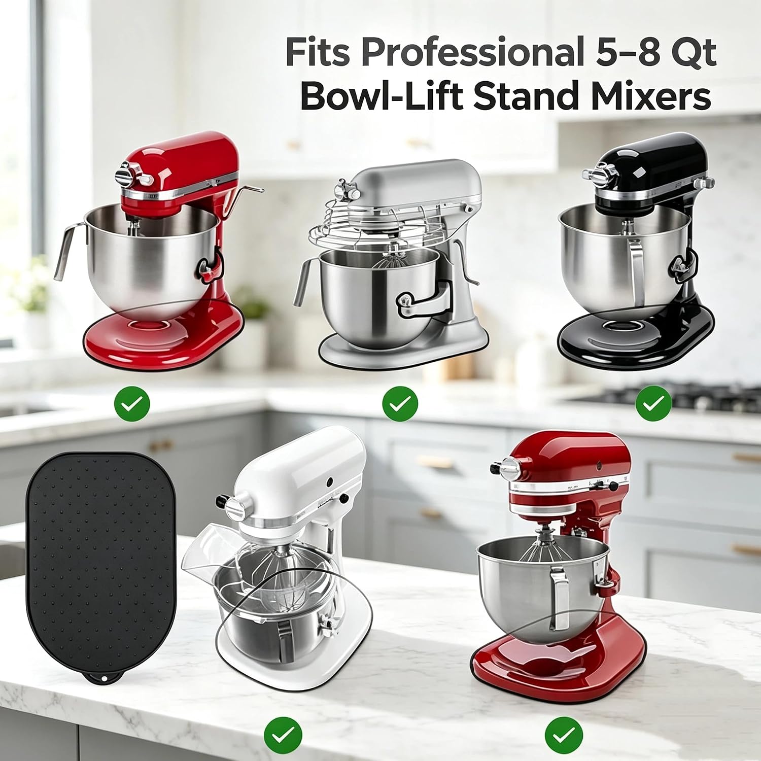 Silicone Mixer Slider Mat Compatible with KitchenAid 5‑8QT Tilt‑Head & Bowl‑Lift Stand Mixer, 360° Easy‑Slide Countertop Protector, 2 Cord Organizers Included