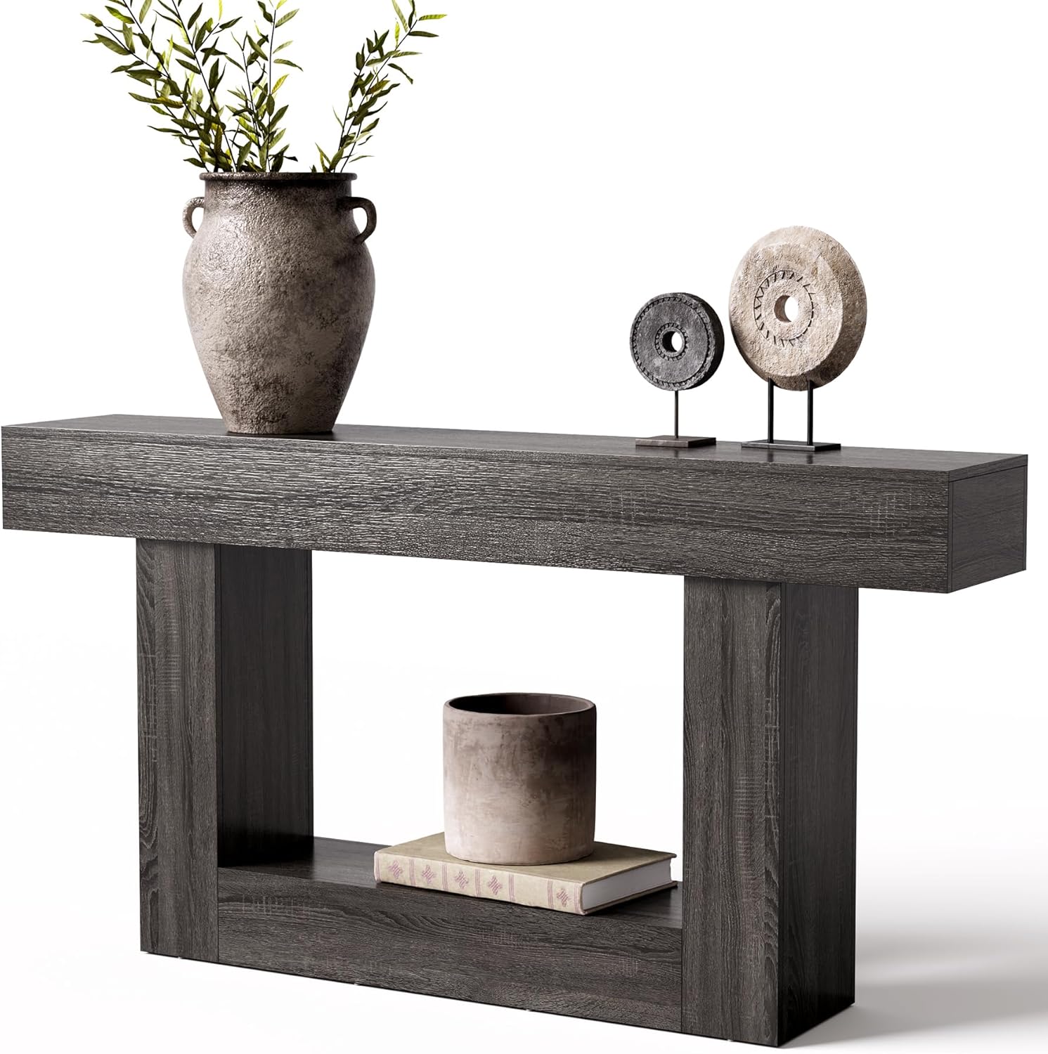 LITTLE TREE 63 Inches Long Console Table, 2-Tier Farmhouse Sofa Table Behind Couch, Large Narrow Entryway Table for Living Room, Wooden Hallway Foyer Table with Heavy Duty Base, Grey
