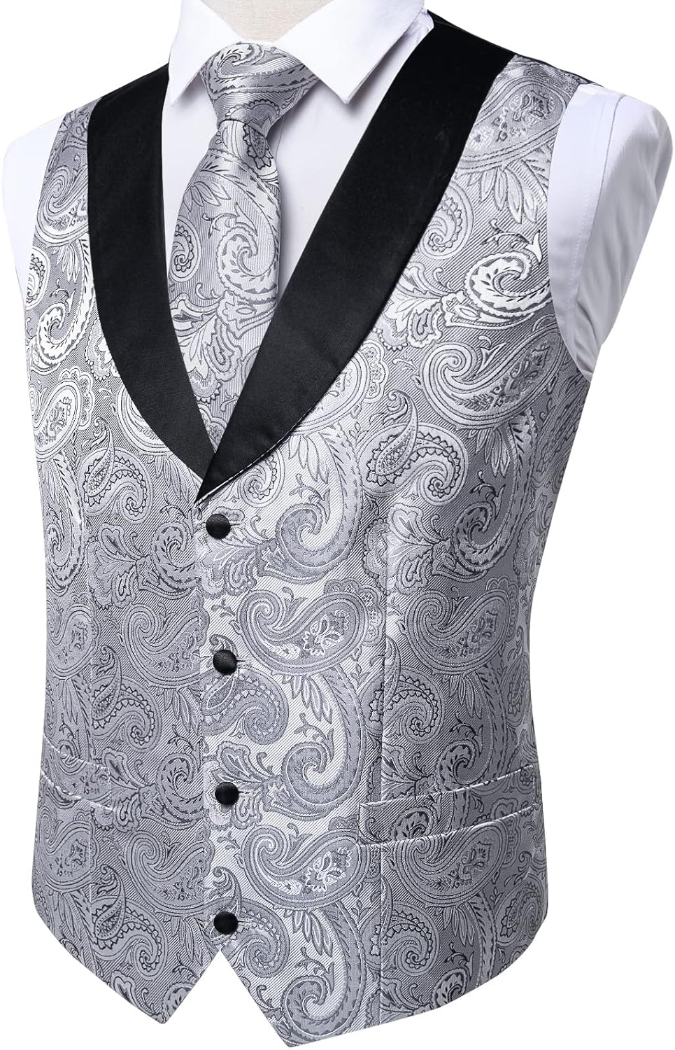 DiBanGu Silver Suit Vest for Men Paisley Waistcoat for Tuxedo Formal Vest and Tie Set with Pocket Square Cufflinks M