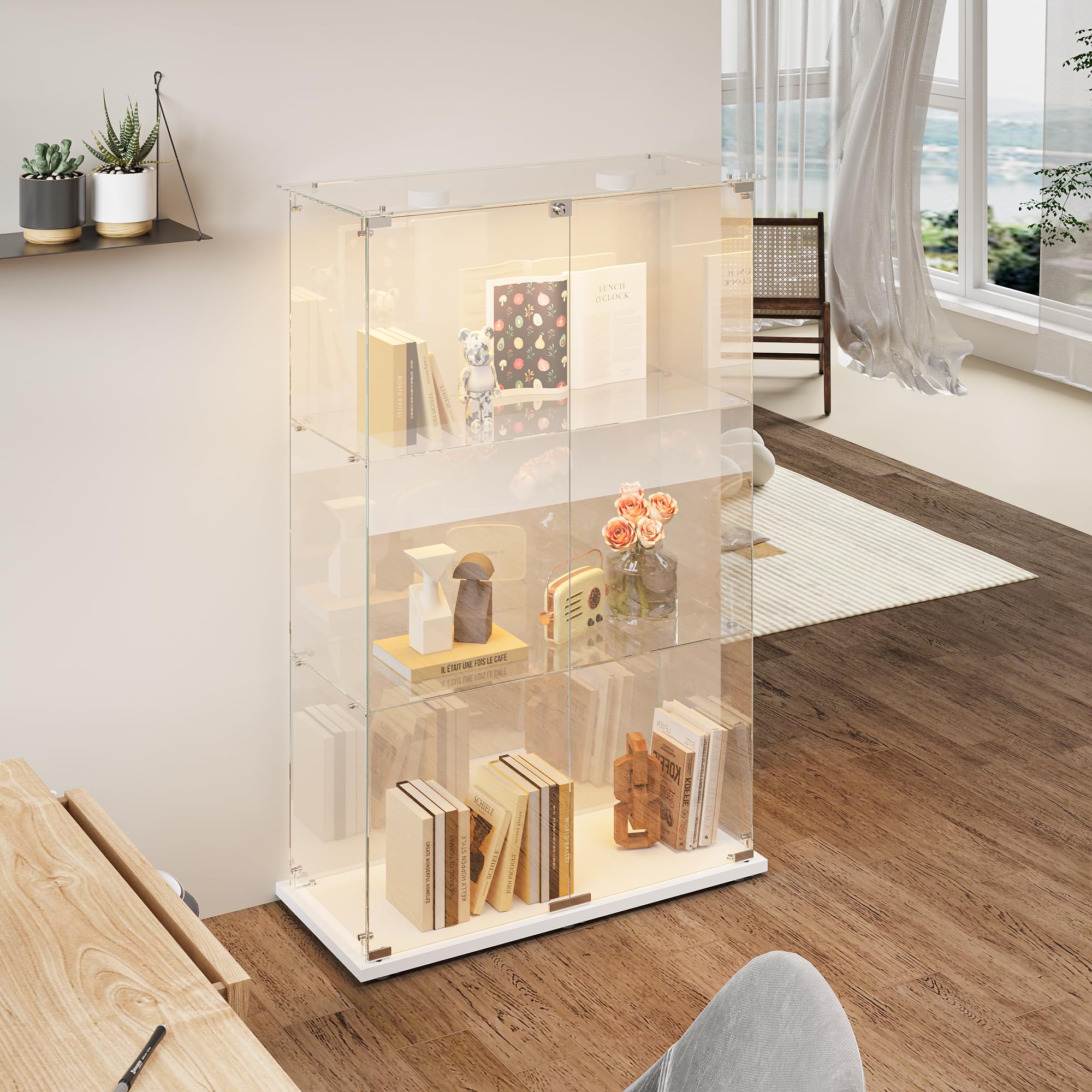 Glasvitrine Standvitrine mit LED Beleuchtung, Glasvitrine Stehend mit 3 Glasböden & 2 Glastüren abschließbar, Vitrinenschrank für Wohnzimmer Büro Sammlerstücke Bücher Wein Weiß