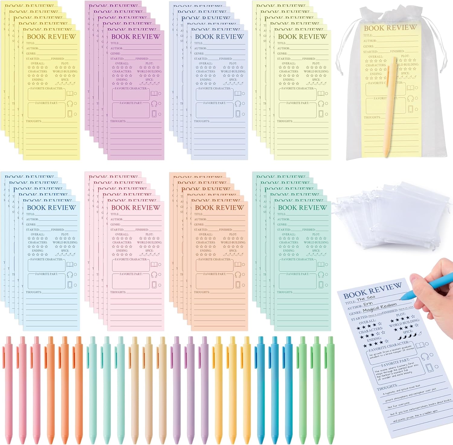 L1rabe Colorful Book Review Bookmarks - Back to School 144Pcs Book Marker Pens Organza Bags, Reading Log Page Markers for Readers Bookish Bookworm Gift Reading Page Tracker for Students Teachers Women