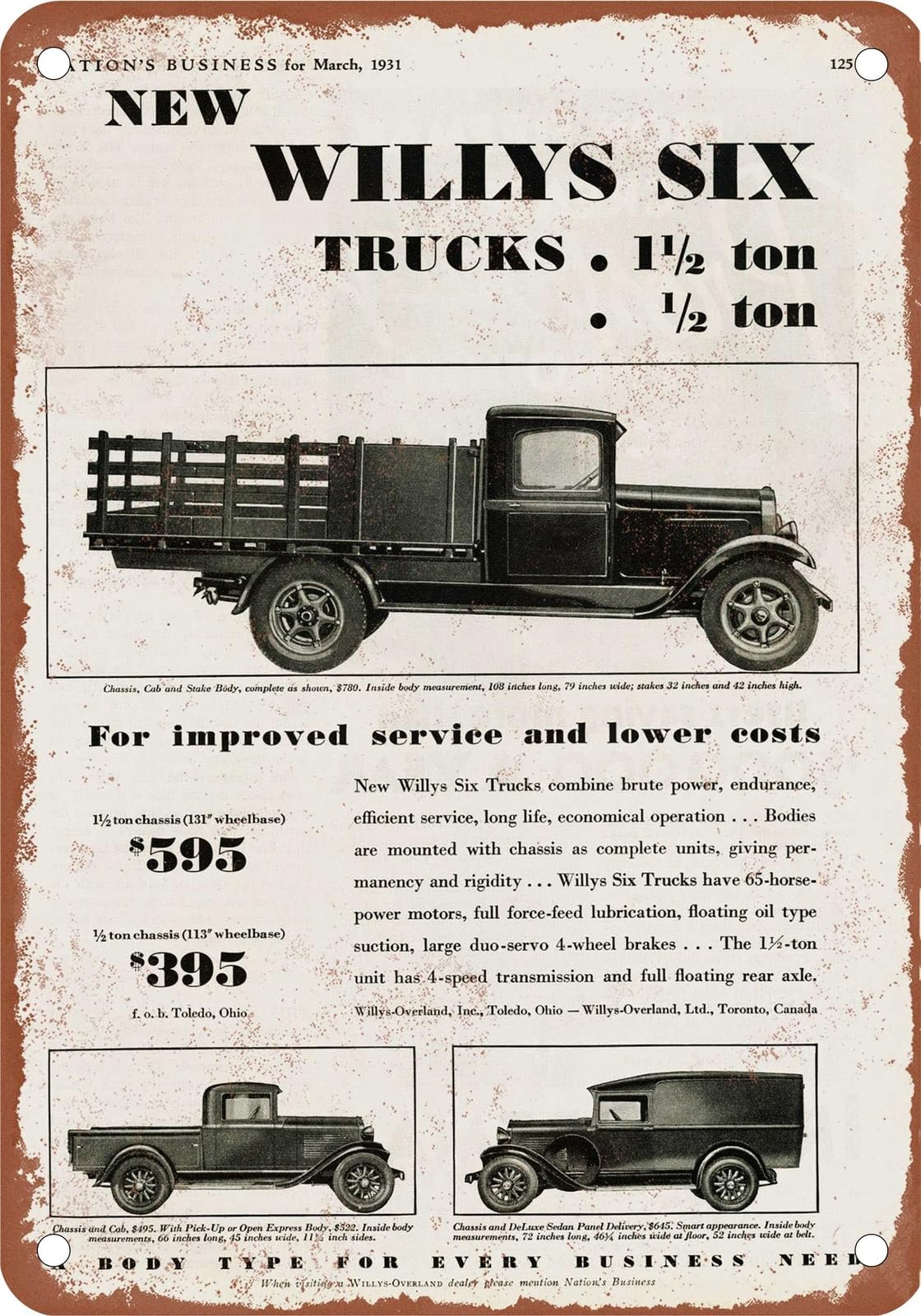 METAL SIGN - 1931 Willys Truck Vintage Ad 02 - Old Retro Rusty Look home decor