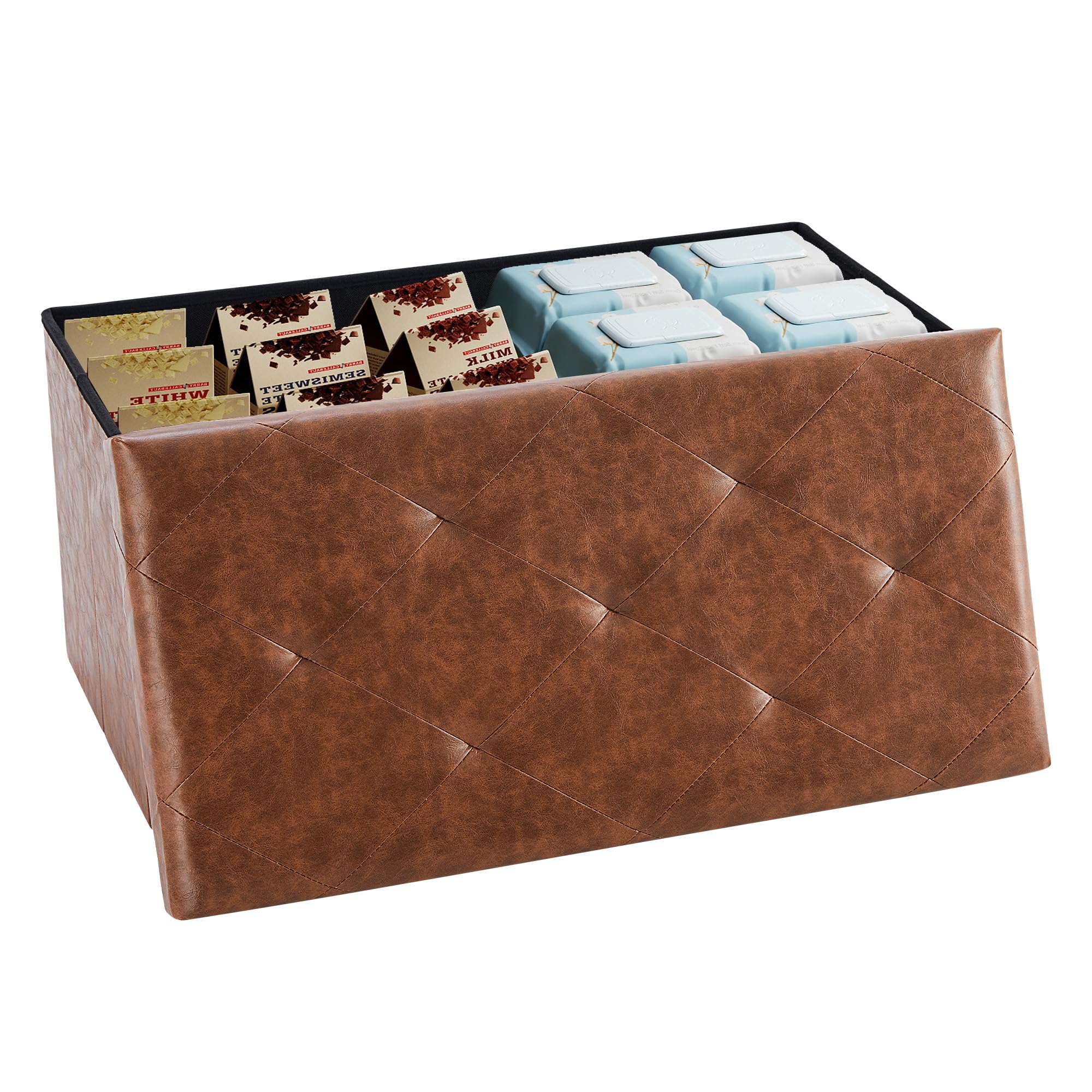 DUMOS 30 Inch Folding Storage Ottoman Bench, Large Hidden Storage Chest withThicker Foam Padded Seat, End of Bed Foot Rest Stool for Bedroom Living Room Entryway, Load 660 lbs, Brown