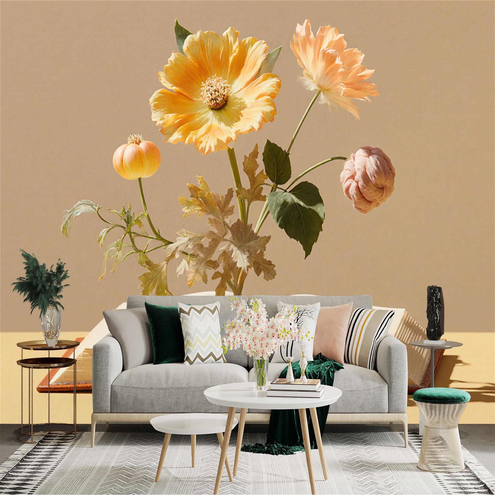 Custom Size Wall Sticker Mural， Blooming Flowers Growing from Open Book with Beige Background， for wall Decoration， peelandstick wall Decals.