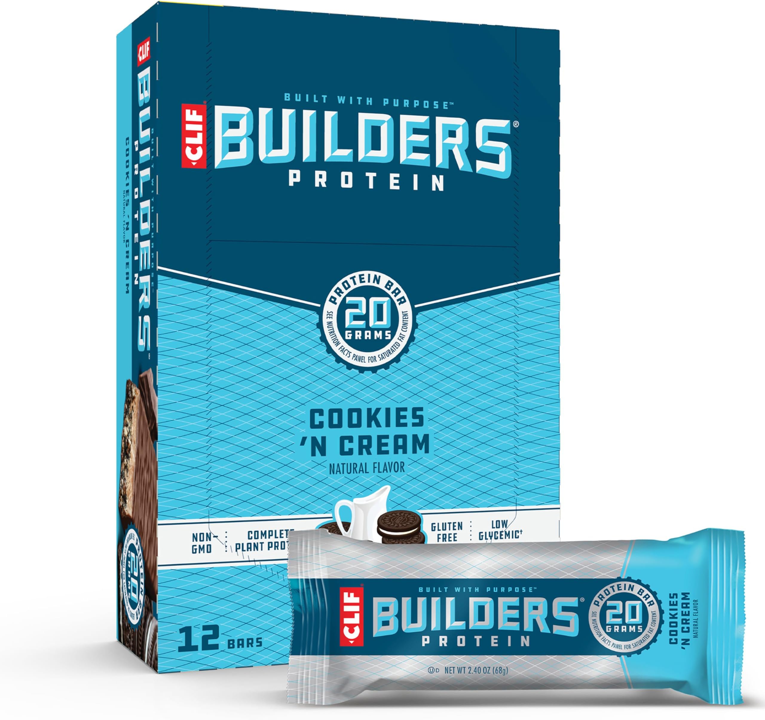 CLIF BUILDERS Protein Bars - Cookies 'n Cream Flavor - 20g Plant Based Protein - Gluten Free - Non-GMO - Low Glycemic - No Artificial Sweeteners - 2.4 oz. (12 Pack)