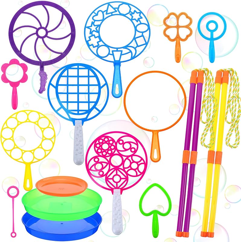 Lenwen Giant Bubble Wands Set 16 Pcs with Tray, Mixed Size | Bulk Pack for Kids Outdoor Play, Catchable Bubbles, Tray Included, Backyard Summer Party Favor