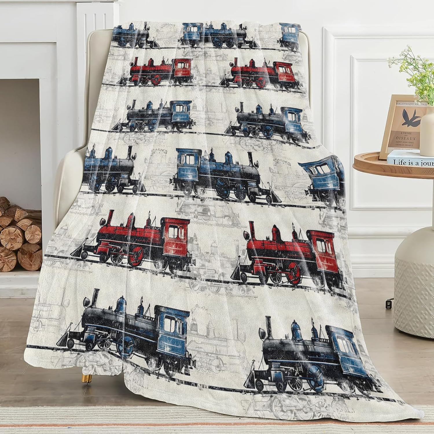 Train Blanket Retro Steam Locomotive Pattern in Red and Blue on Cream Background Throw Blankets Lightweight Flannel Throws for Couch Chair Office Bed Home Decor Gifts for Adults,80x60inch