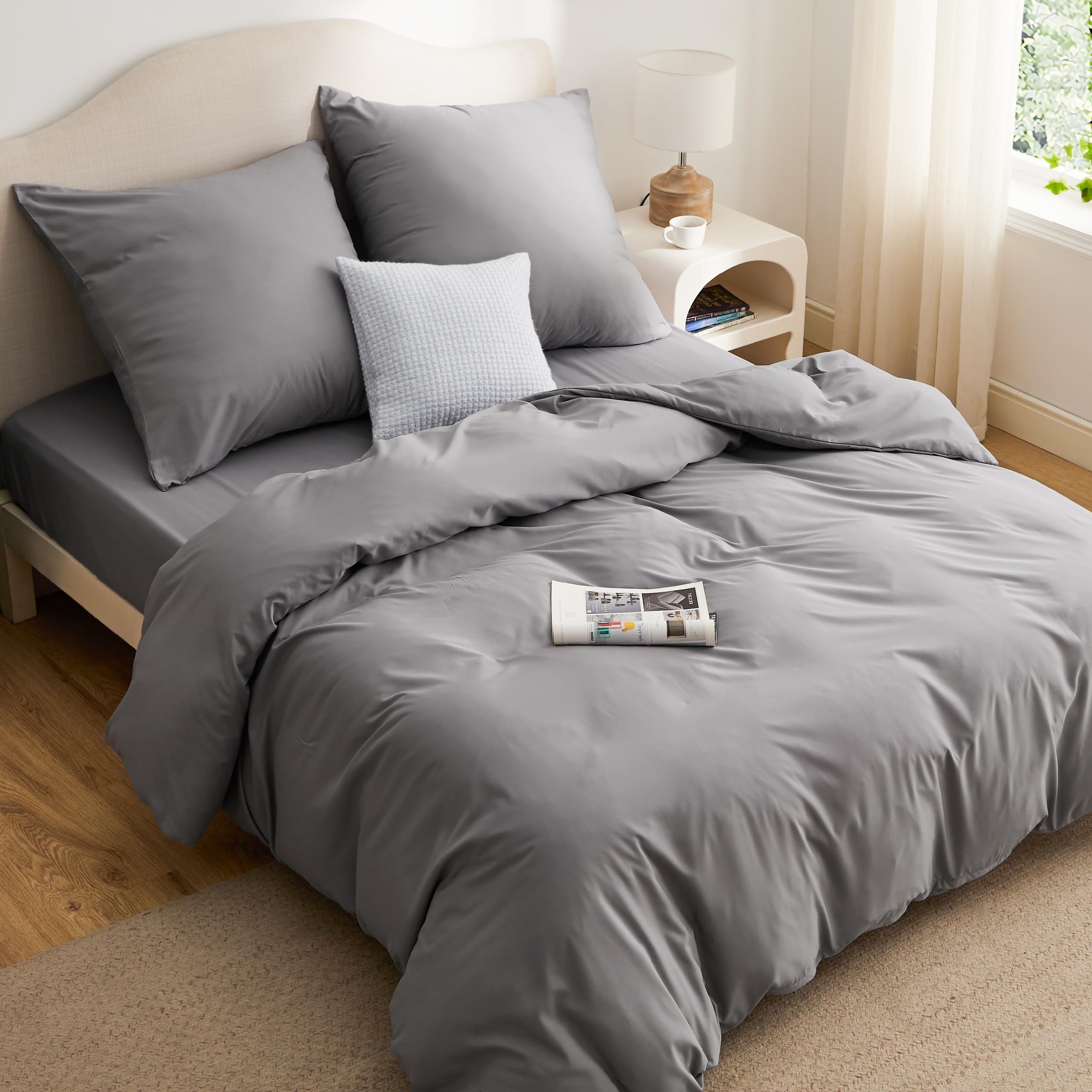 BEDSURE Ropa de cama de 240 x 220 cm con sábana bajera ajustable de 4 piezas, color gris, con certificado Öko-Tex de microfibra de poliéster con cremallera, 1 funda nórdica de 240 x 220 cm, 1 sábana
