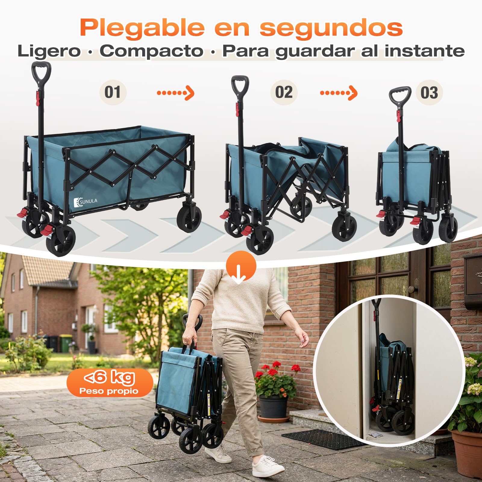 SUNULA Carro Plegable pequeño 80L 100KG, Carro Plegable con Peso reducido, Carro Todoterreno con Frenos, Azul