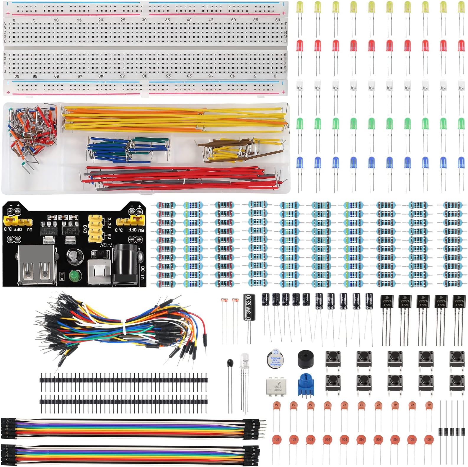 Electronic Component Basic Starter Kit, Electronic Fun Kit with 830 tie-Points Breadboard,Bundle,Power Supply, Jumper Wires, Resistors, LED for Arduino Raspberry Pi Prototype