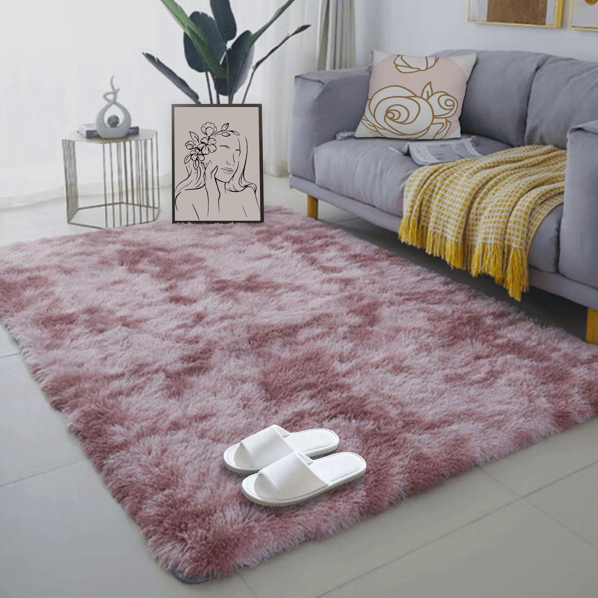Tapis salon shaggy rose pourpre 310x380 cm poil long doux moderne