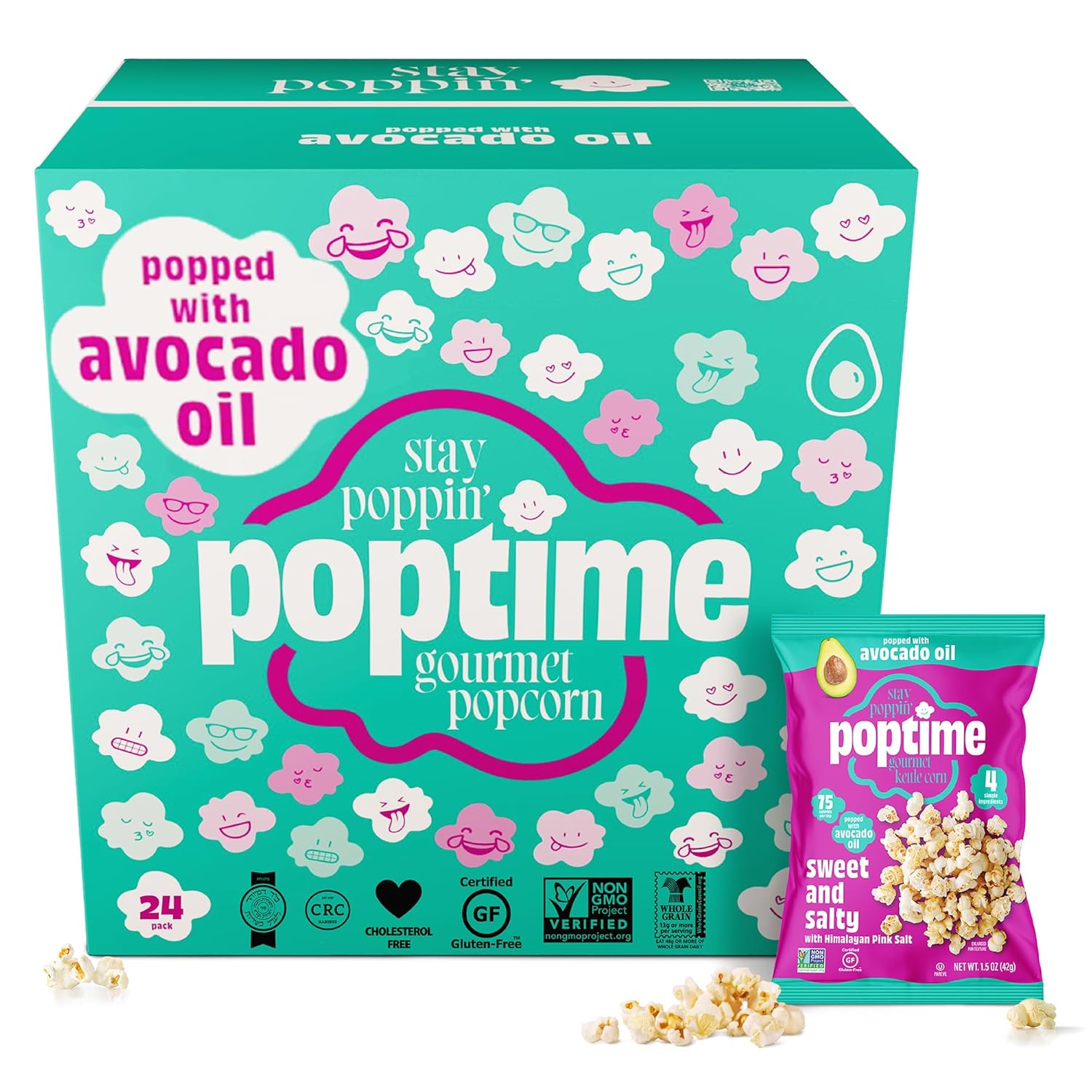 Poptime Sweet & Salty Kettle Cooked Popcorn, 1.5 oz Individual Snack Bags, Kettle Corn with Avocado Oil & Himalayan Pink Salt, Low Calorie Healthy Snack, Gluten Free, Non-GMO, Vegan, Kosher, Pack of 24