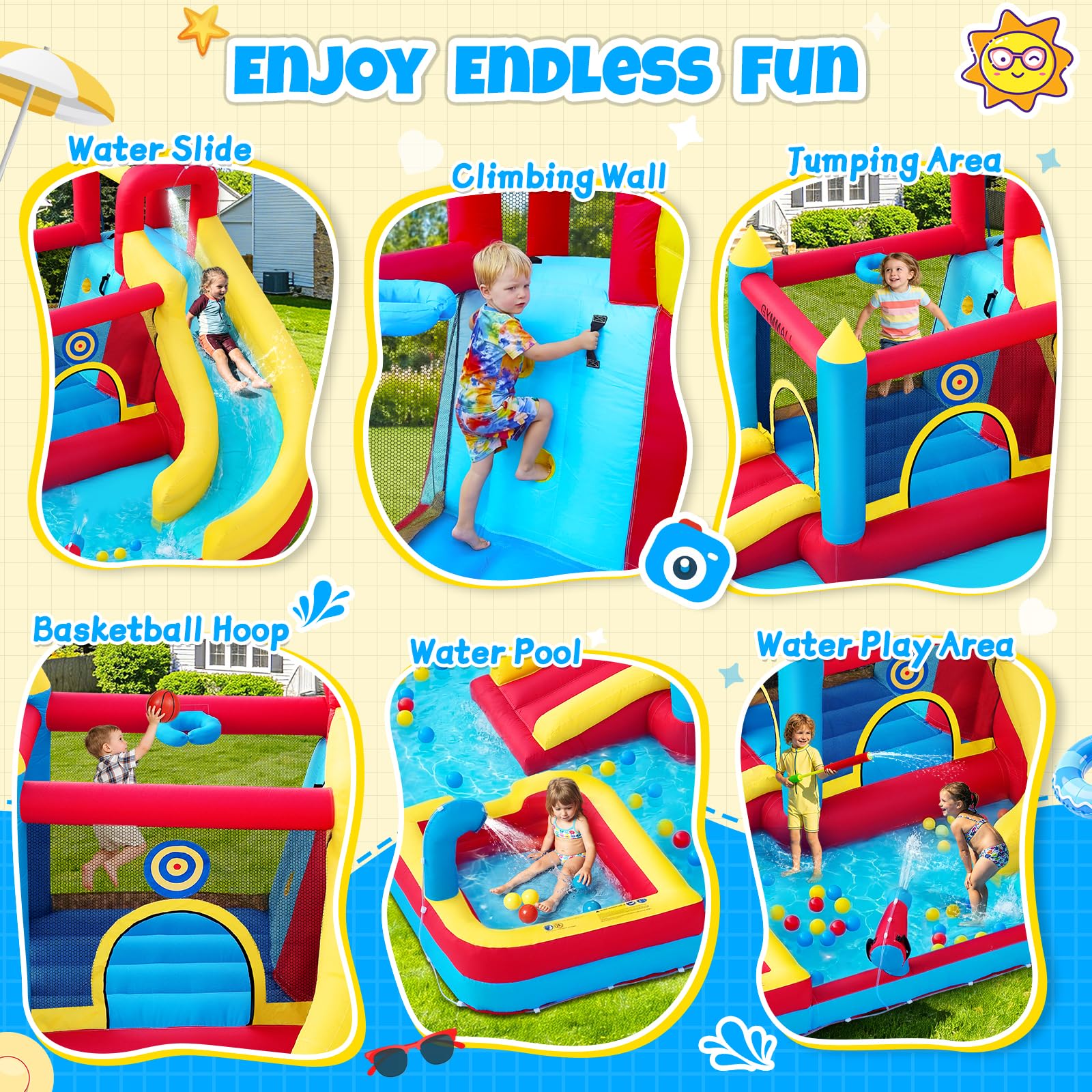 Castillo Hinchable para Niños, 8 en 1 con Soplador 480W, Tobogán Largo, Pared de Escalada, Trampolín y Zona de Chapoteo, Ideal para Uso Interior y Exterior en Vacaciones