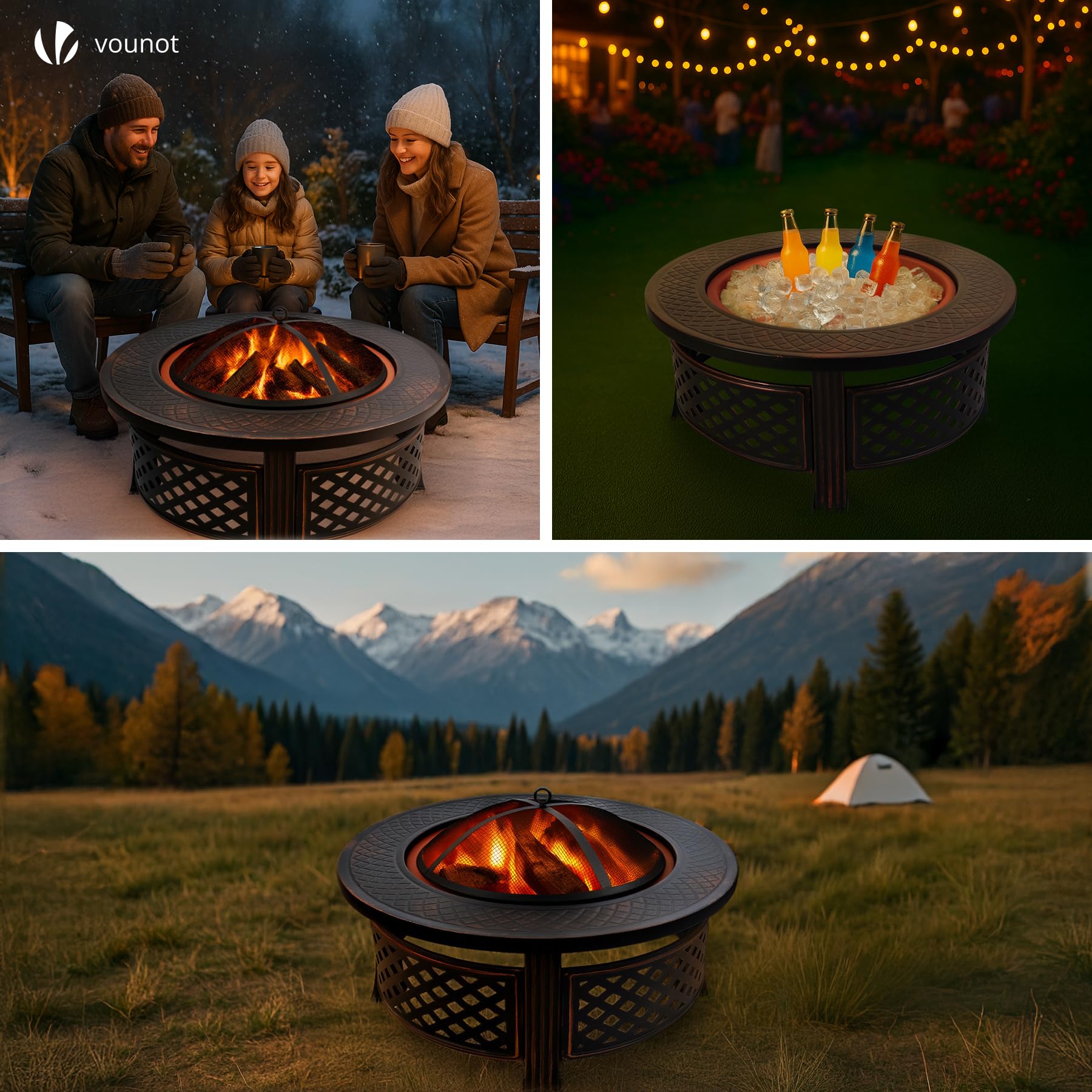 VOUNOT® Feuerschale Ø 81 cm mit Funkenschutz und Schürhaken Metall Feuerkorb Feuerstelle für den Garten, Terrasse, Heizung und Camping, Schwarz