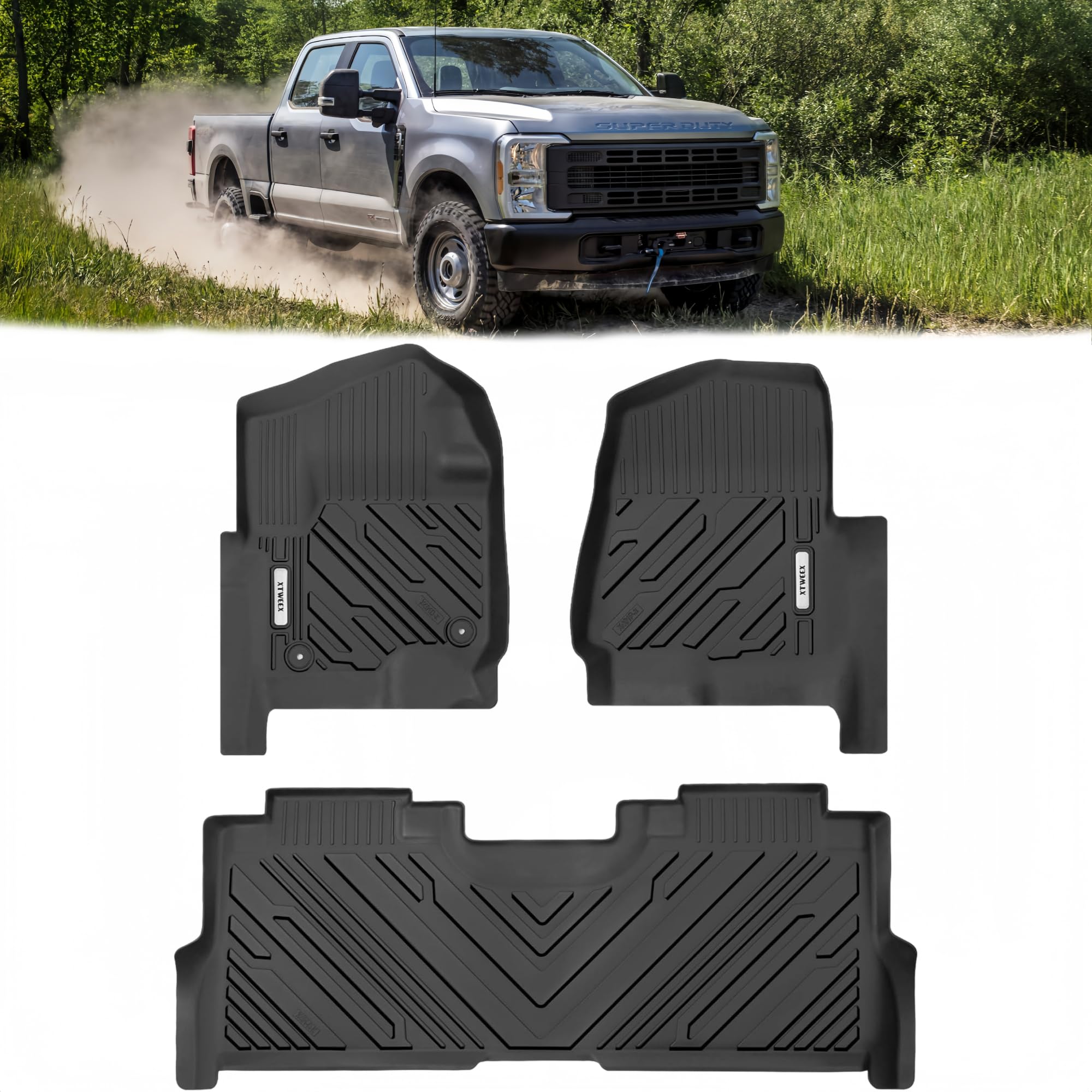 custom fit floor mats for 2017-2025 ford f-250/f-350/f-450/f-550 super duty crew cab tpe all-weather car liners super duty truck floor liners, 1st & 2nd row, 3pcs black, mud proof & easy to clean