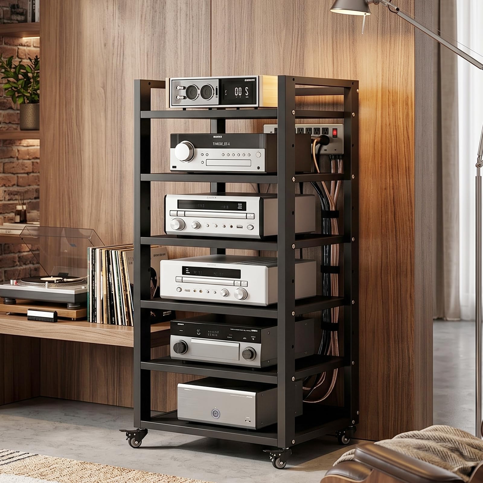 Mobile HiFi a 4 Ripiani per Giradischi e Componenti Audio - Supporto Multimediale Verticale con Struttura Robusta, Rack Stereo perfetto per Vinili, Console Gaming e Decoder, Design (A-6H, 50*40*120cm)