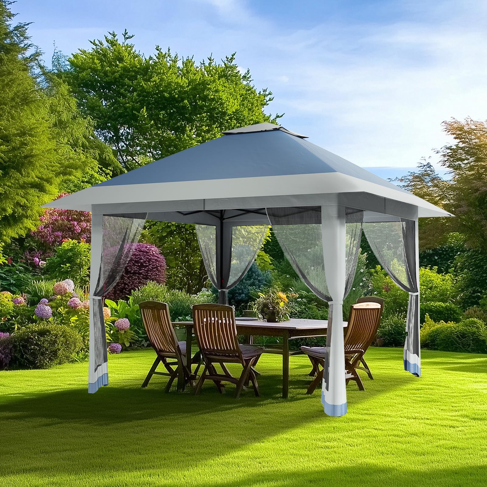 Garvee Tonnelle De Jardin 3,96x3,96m Pop-Up avec Moustiquaire – Toit Double Imperméable & Anti-UV – Hauteur Réglable – Abri Résistant pour Terrasse, Jardin, Patio, Camping – Sac De Transport Inclus