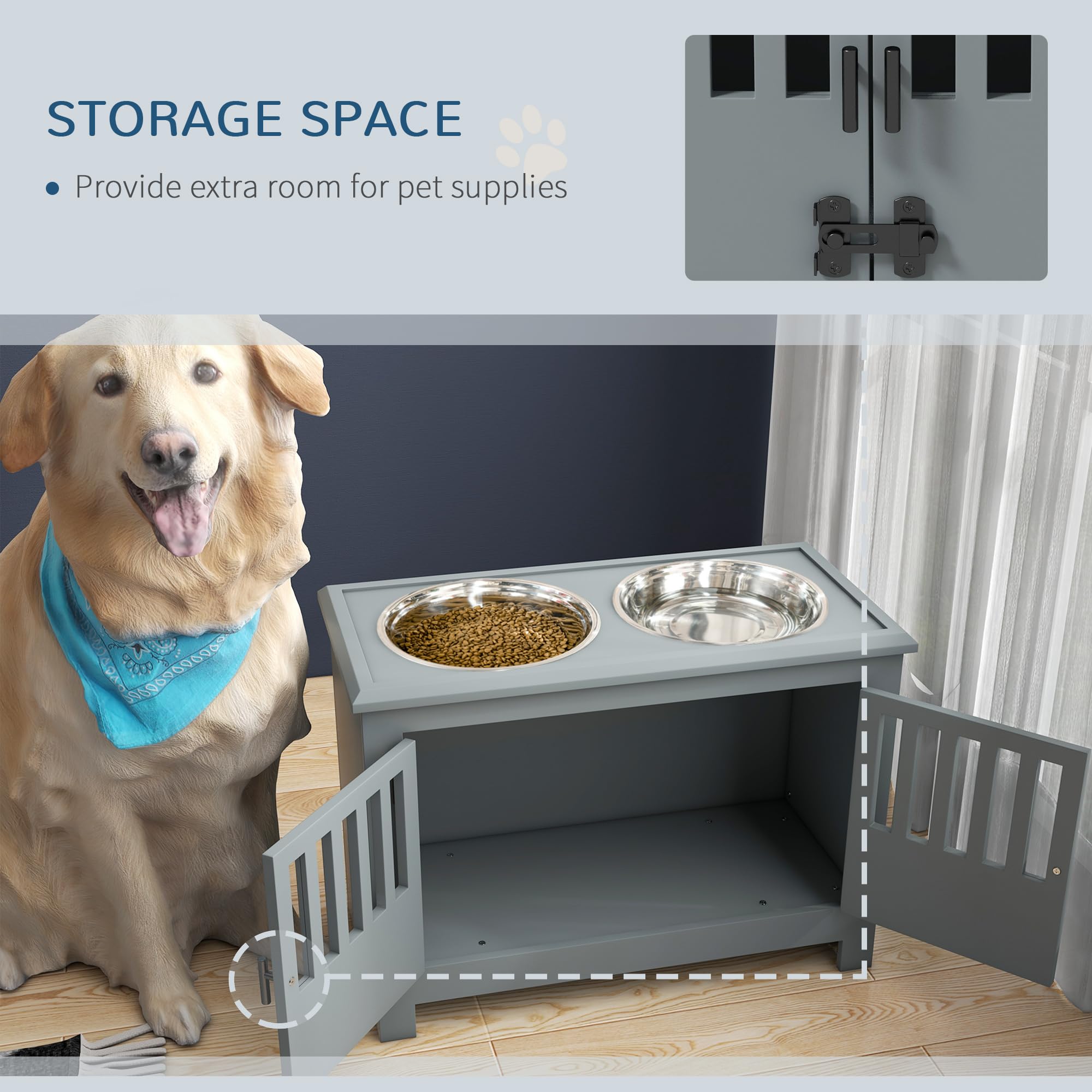 PawHut Cuencos elevados para Perros Grandes, estación de alimentación con Soporte, Almacenamiento, Color Gris