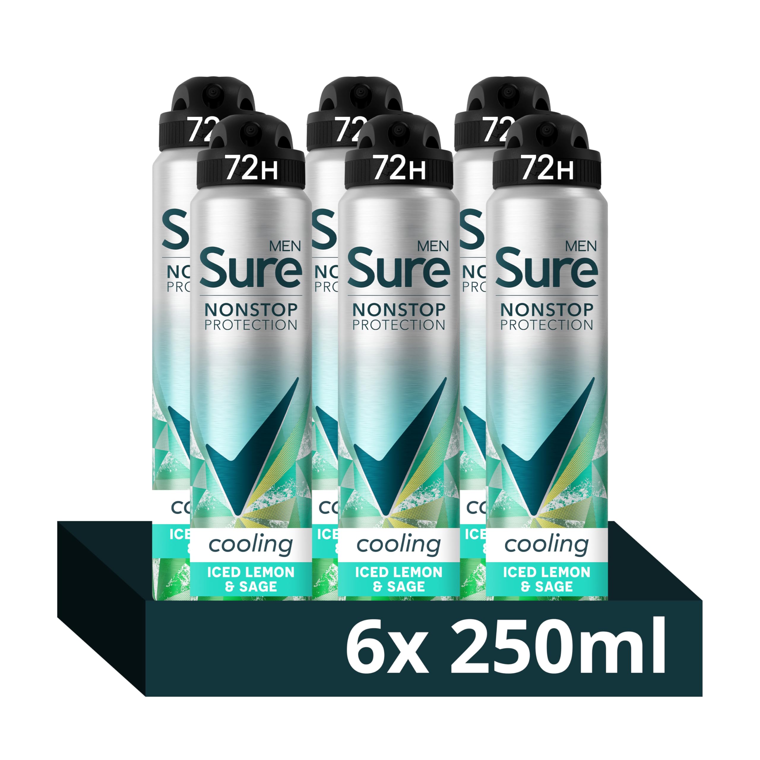 Sure Men Nonstop Protection Iced Lemon & Sage Anti-Perspirant Aerosol cooling deodorant spray 72h non-stop sweat & odour protection 250 ml - Pack of 6