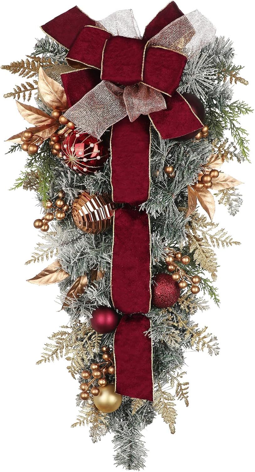 Christmas Teardrop Swag for Front Door with Ornaments, Berries, Bow, 27.5" Christmas Swag Wreath for Stair Window Wall Mantel, Artificial Xmas Swags Garland for Winter Holiday Decorations, Champagne