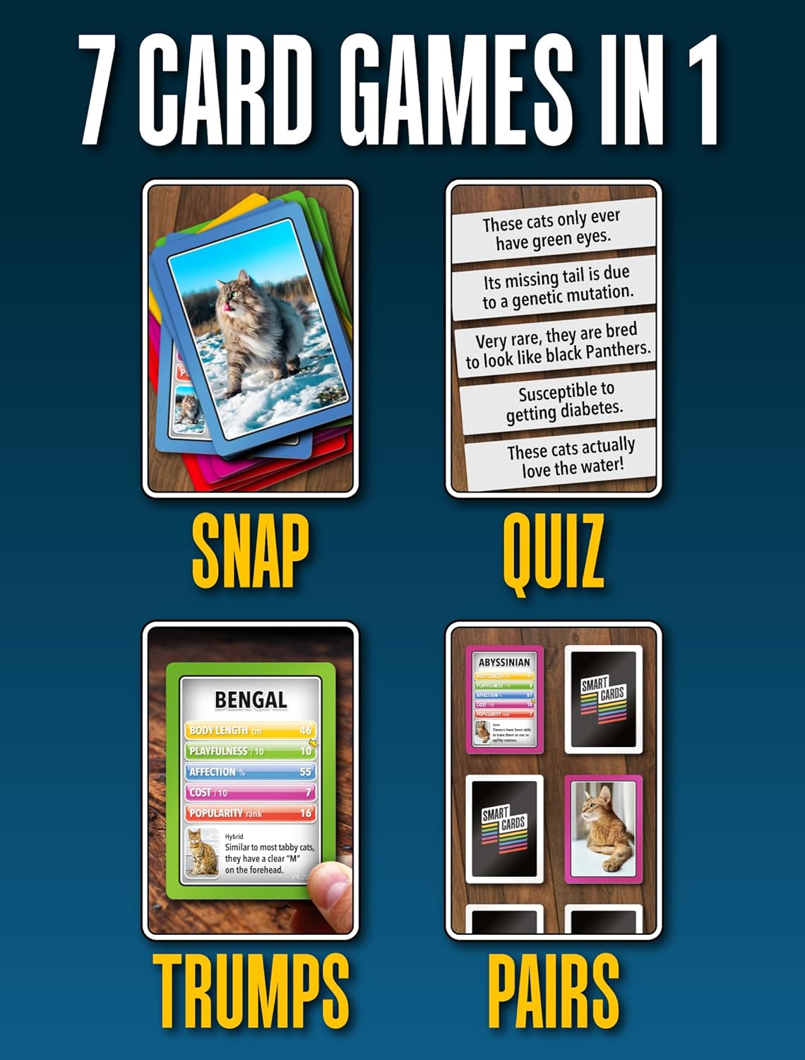 SMART CARDS Cats Card Games - Matching Pairs, Snap, Trumps, Rummy, Happy Families (8 Games To Play) | Age 5+, 1-8 Players | Fun Family Travel Card Games and Gifts for Adults & Kids, Boys & Girls