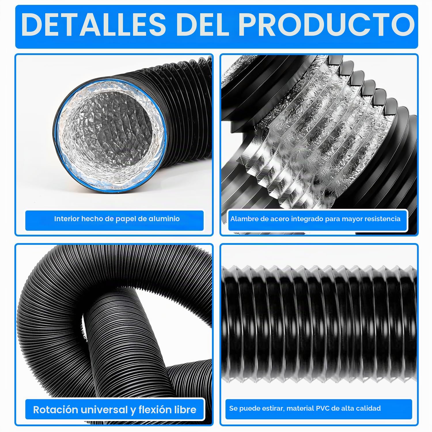 Manguera de Ventilación 153 mm, 3 m Manguera de Escape de Aluminio con 2 Abrazaderas Acero, PVC Conductos de Ventilación para Extractores, Climatizadores, Secadoras, Campanas Extractoras, Negro