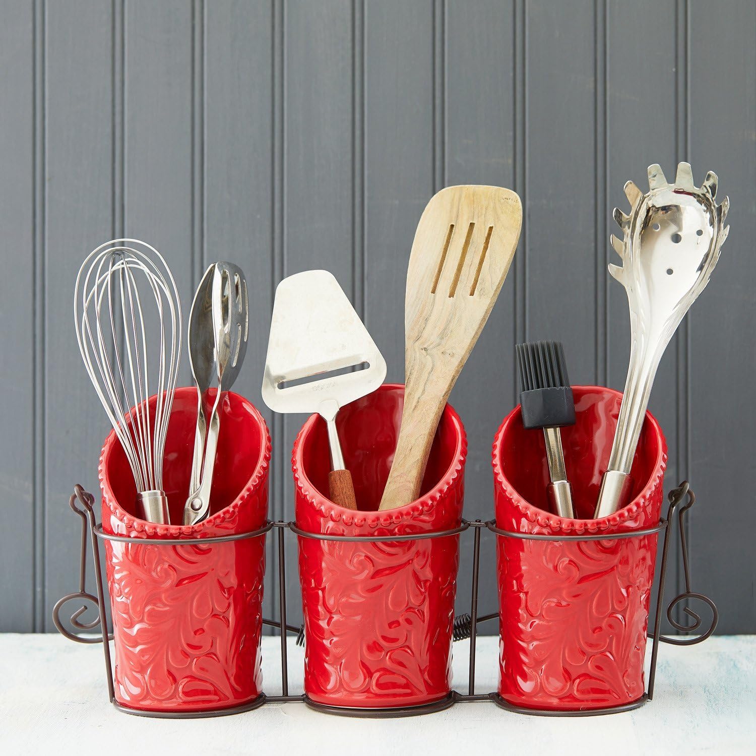 Kitchen Flatware Caddy - 3 Ceramic Utensil Holders (4" Dia x 7" H each) & 1 Wire Caddy - Red