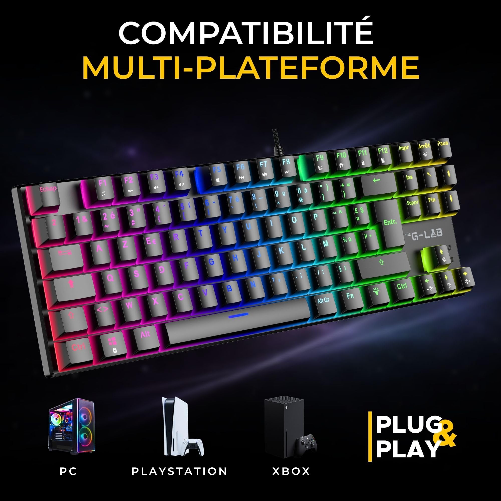 The G-Lab - KEYZ Mercury EX - Przewodowa klawiatura gamingowa USB - Mechaniczna klawiatura TKL, czerwony przełącznik, RGB z 20 trybami świecenia - 26 klawiszy antyghostingowych na PC/PS4/PS5/Xbox