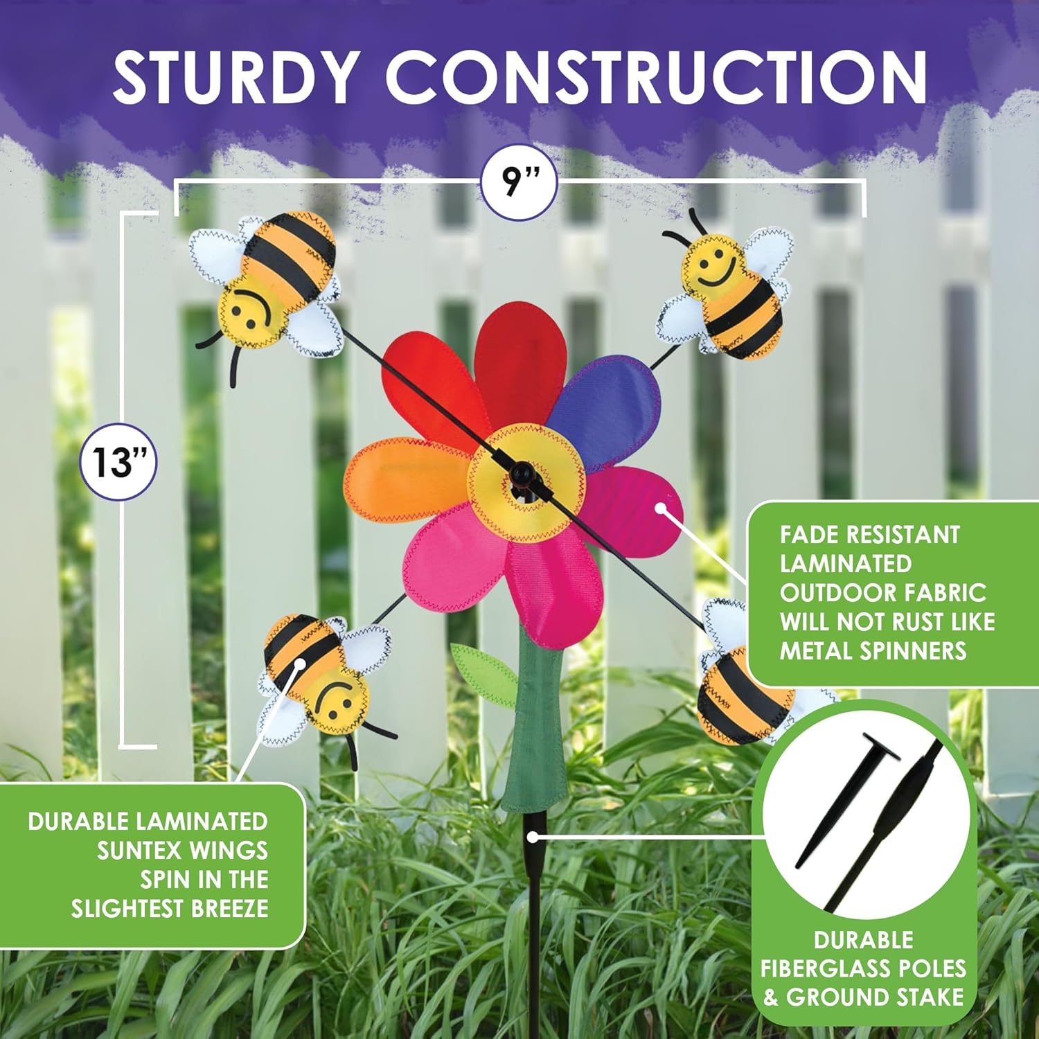 Whirligig Spinner Bumble Bees 13" – Adorable Nature-Themed Design, Weather-Resistant Outdoor Decor, Durable & Lightweight for Patios, Yards, and Gardens - Eye-Catching Wind Spinner