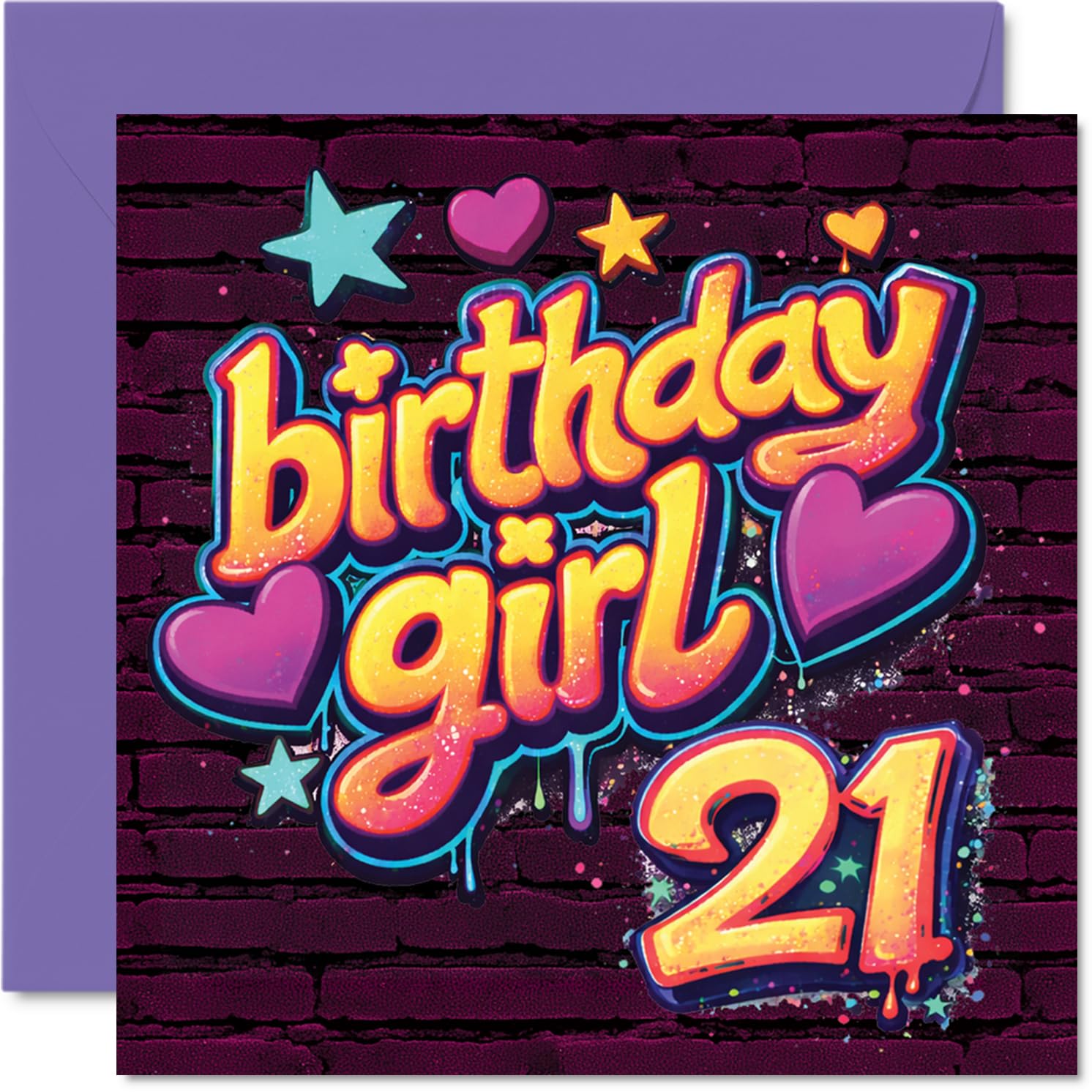 Playful 21st Birthday Card - Let the Celebrations Begin - Vibrant Stars and Hearts Design with Bold 'Birthday Girl 21' - 145mm Square, Envelope Included