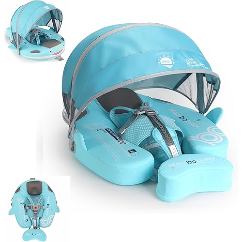 Baby Float with Canopy Non Inflatable Mambobaby Float Pool Floats, Sun Protection Baby Swimming Float Add Tail Avoid Flip Over Swim Trainer for Infants (Narwhal Green-G02NGCTLULNMA01G02)