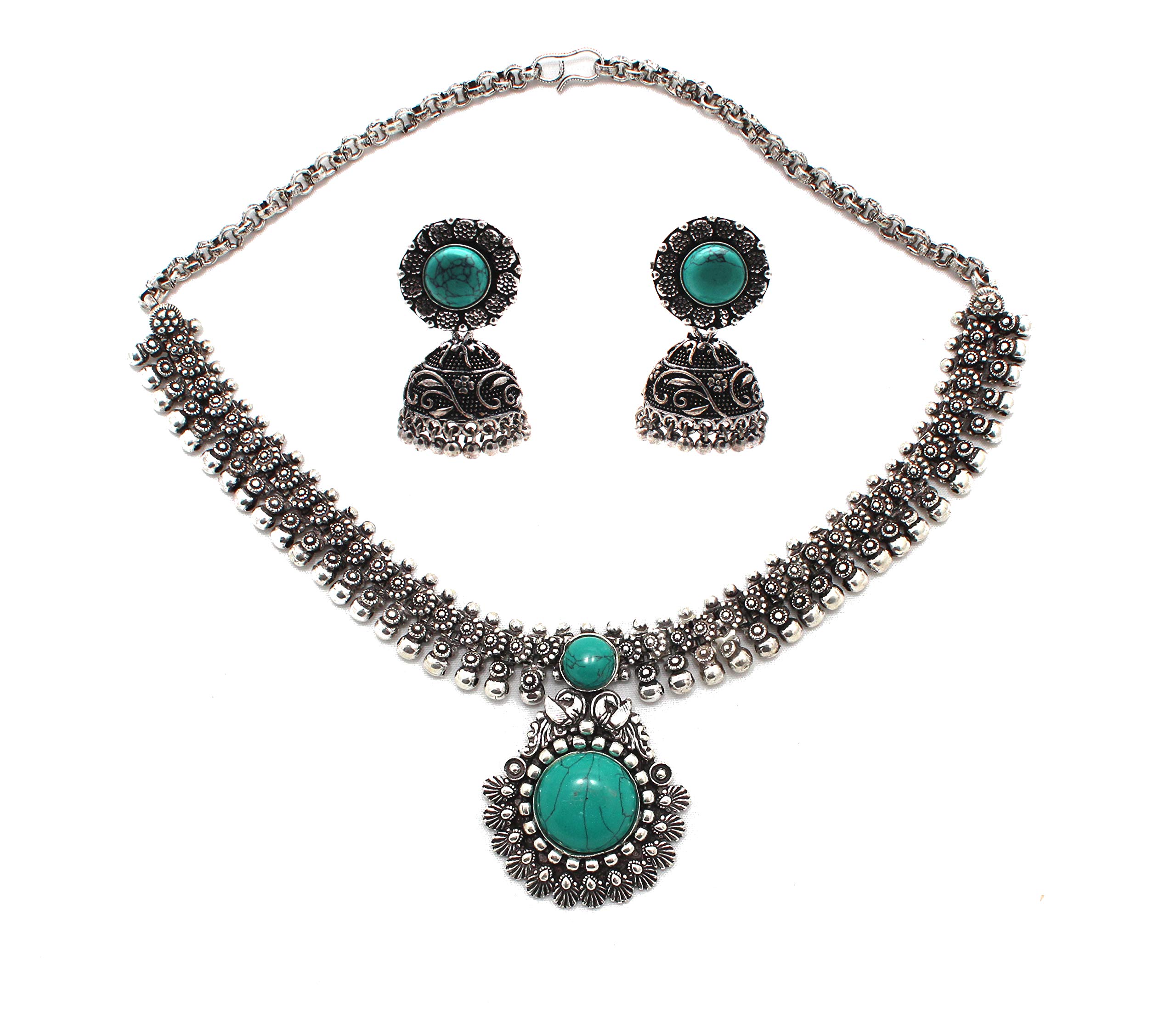 Anigalan Girls Stone Choker Oxidized German Silver Necklace with Jhumki (Turquoise Blue) (B07DSRVM23) Amazon Price History, Amazon Price Tracker