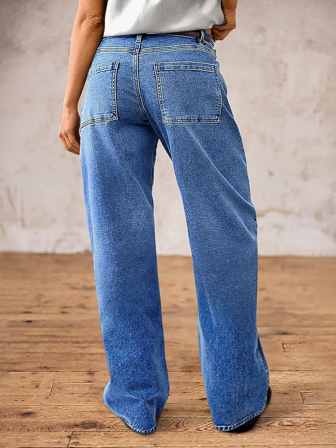 Flamingals Straight Leg Jeans for Women Trendy Mid Rise Stretchy Patch Pocket Baggy Jeans Casual Without Belt