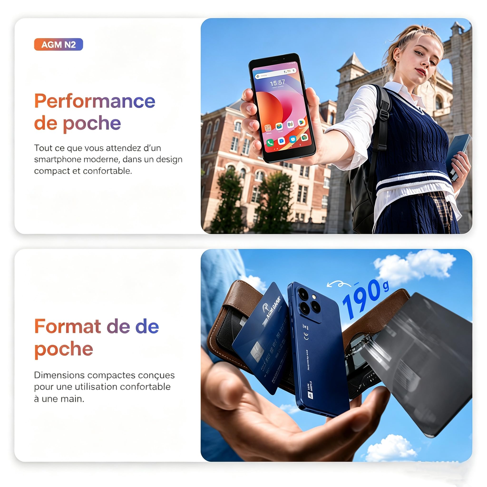 AGM Note N2 Mini Téléphone, Android 16, 4,96" Whatsapp 3+32Go IP54 3000mAh | Téléphone Mini Déverrouillé Android, Écran HD 4,96", 3Go+32Go, IP54 Double SIM, Batterie 3000mAh, Whatsapp, Orange
