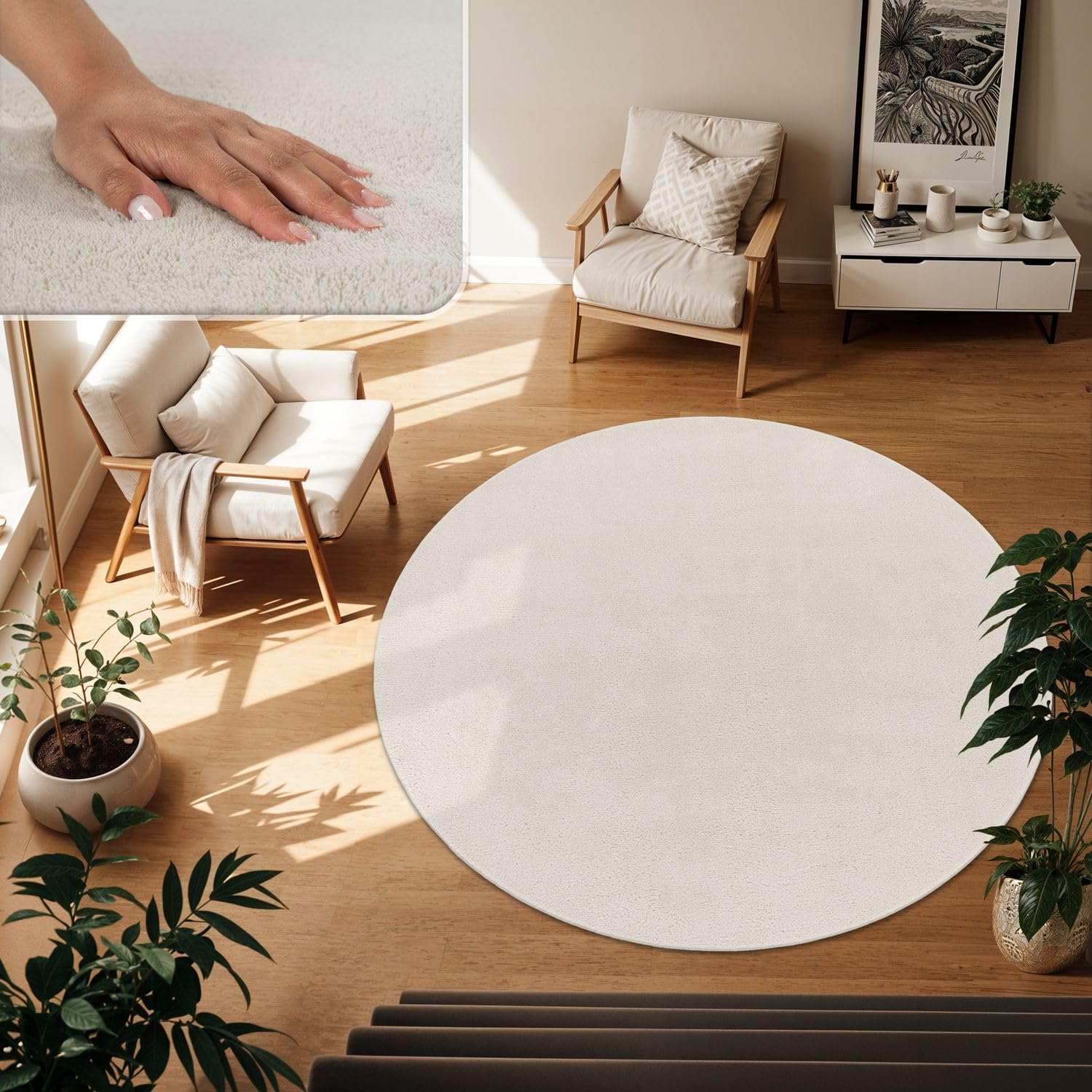 TT Home Large Rug Short Pile Monochrome Modern Design Washable, colour: Cream, Size:160 cm round