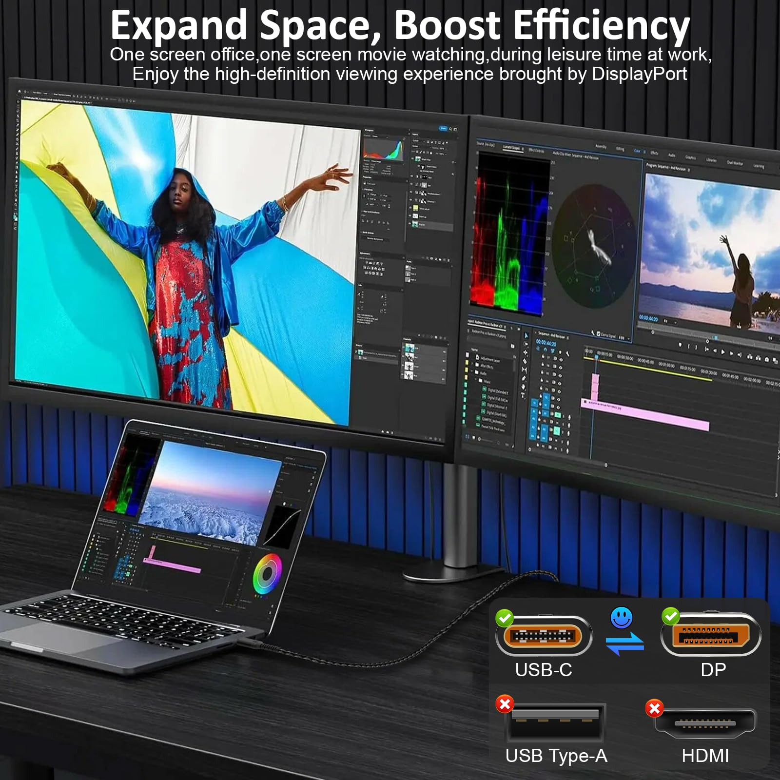 Kabel USB-C na Displayport 1.4, dwukierunkowy Thunderbolt 3/4/5 na DP, kabel USB-C na DP, obsługuje 8K@60Hz, kompatybilny z MacBook Pro/Air, Galaxy S25, iPad Pro, XPS 17, (1 m)