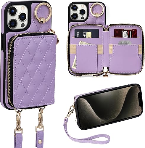 Miniatura 63 de Keallce Funda para iPhone 15 Pro Max de 6.7'' Funda Cartera, Bolso Bandolera con Cremallera Monedero Pulsera para Mujeres, Portadores de Tarjetas