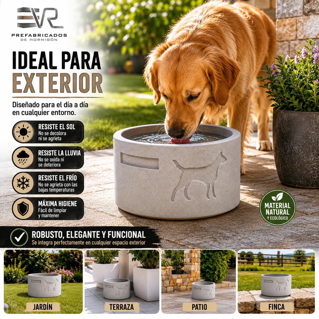 VR Prefabricados Comedero y Bebedero de Hormigón Antivuelco para Perros | Antimordeduras | Resistente para Exterior | Fabricado en España | Diseño Premium | Terminado a Mano.